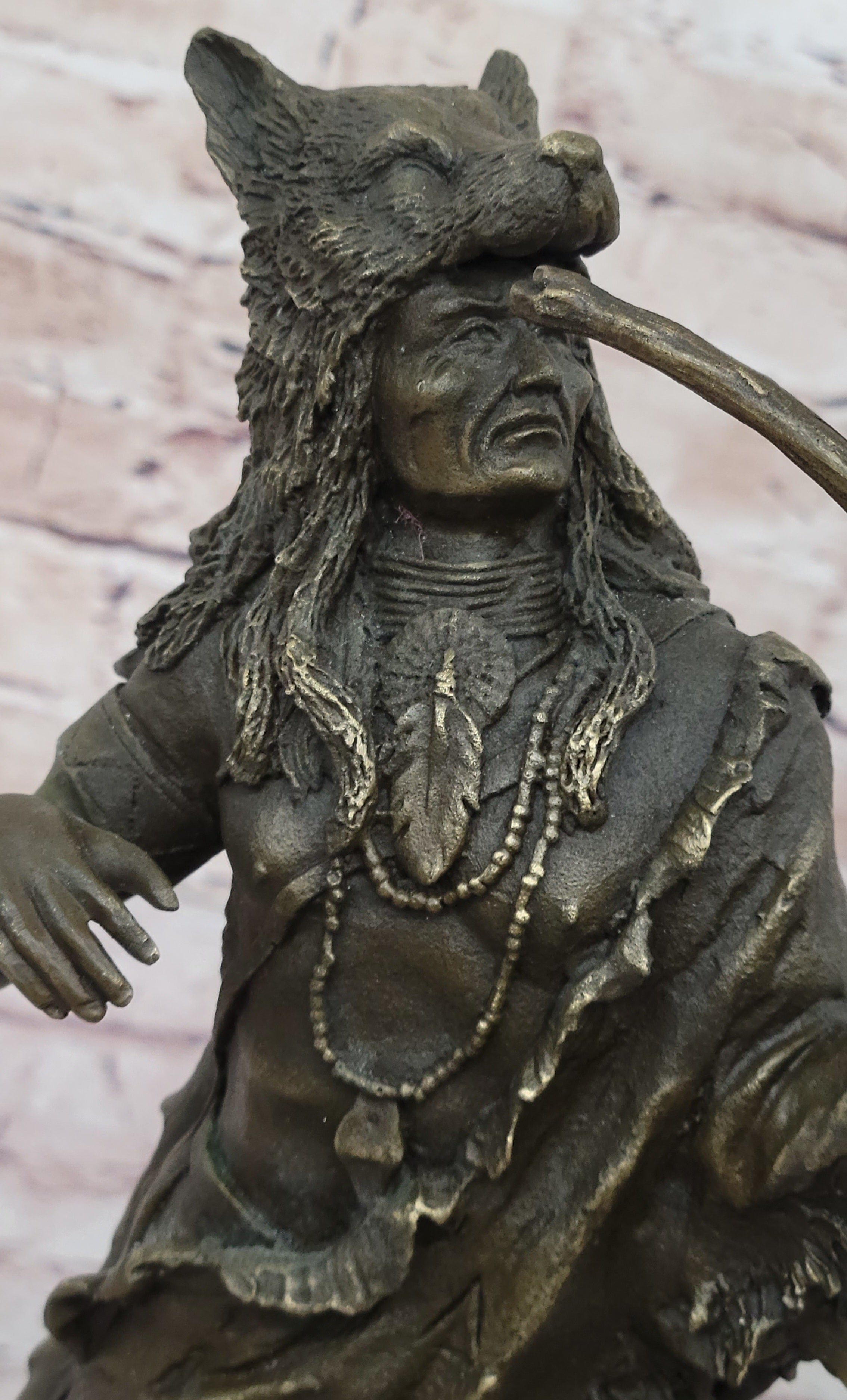 Bronze Mohican Indian Warrior Chief Sculpture Marble Base
