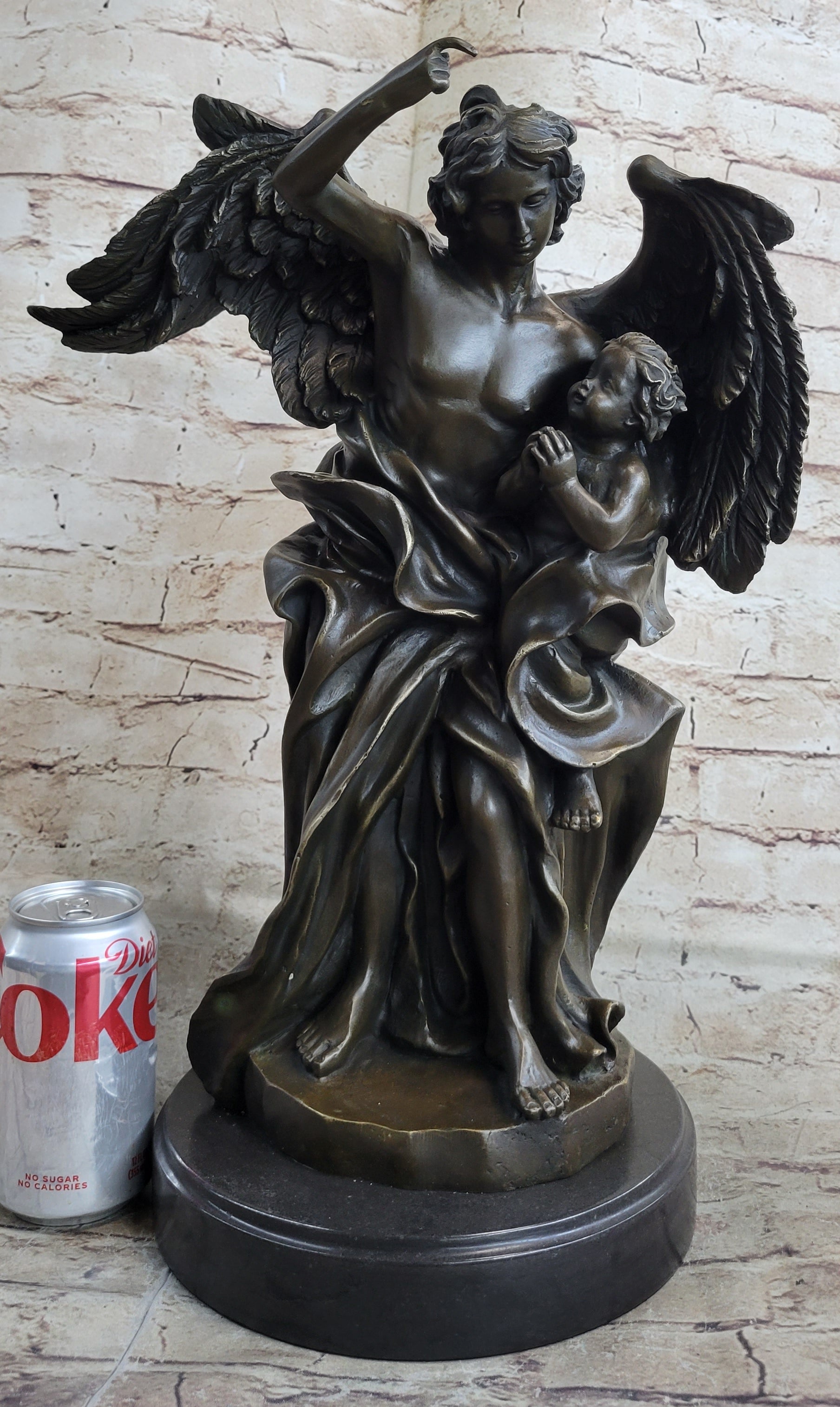 Signed Leonard Large Muscular Angel with Child Bronze Marble