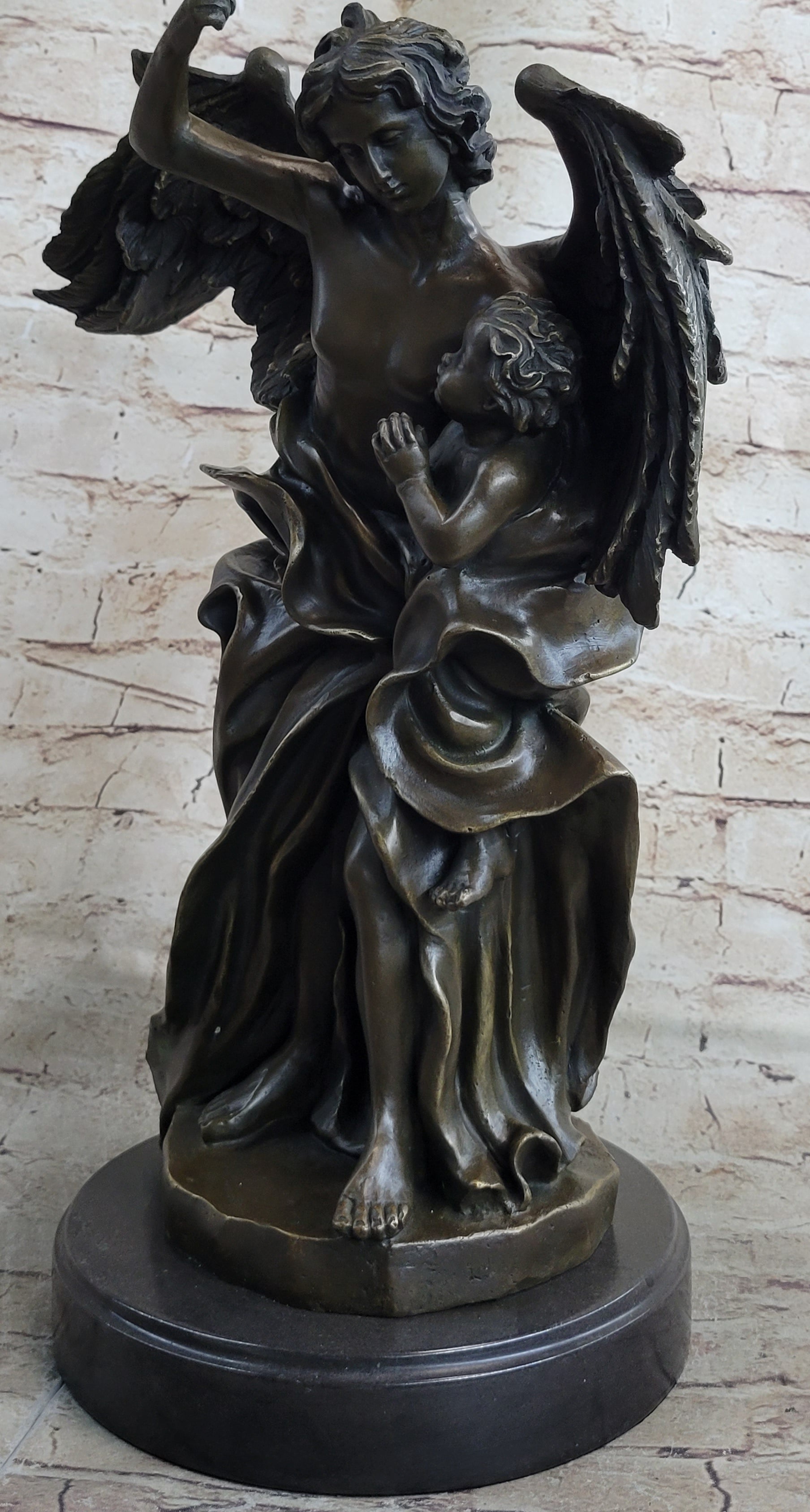 Signed Leonard Large Muscular Angel with Child Bronze Marble