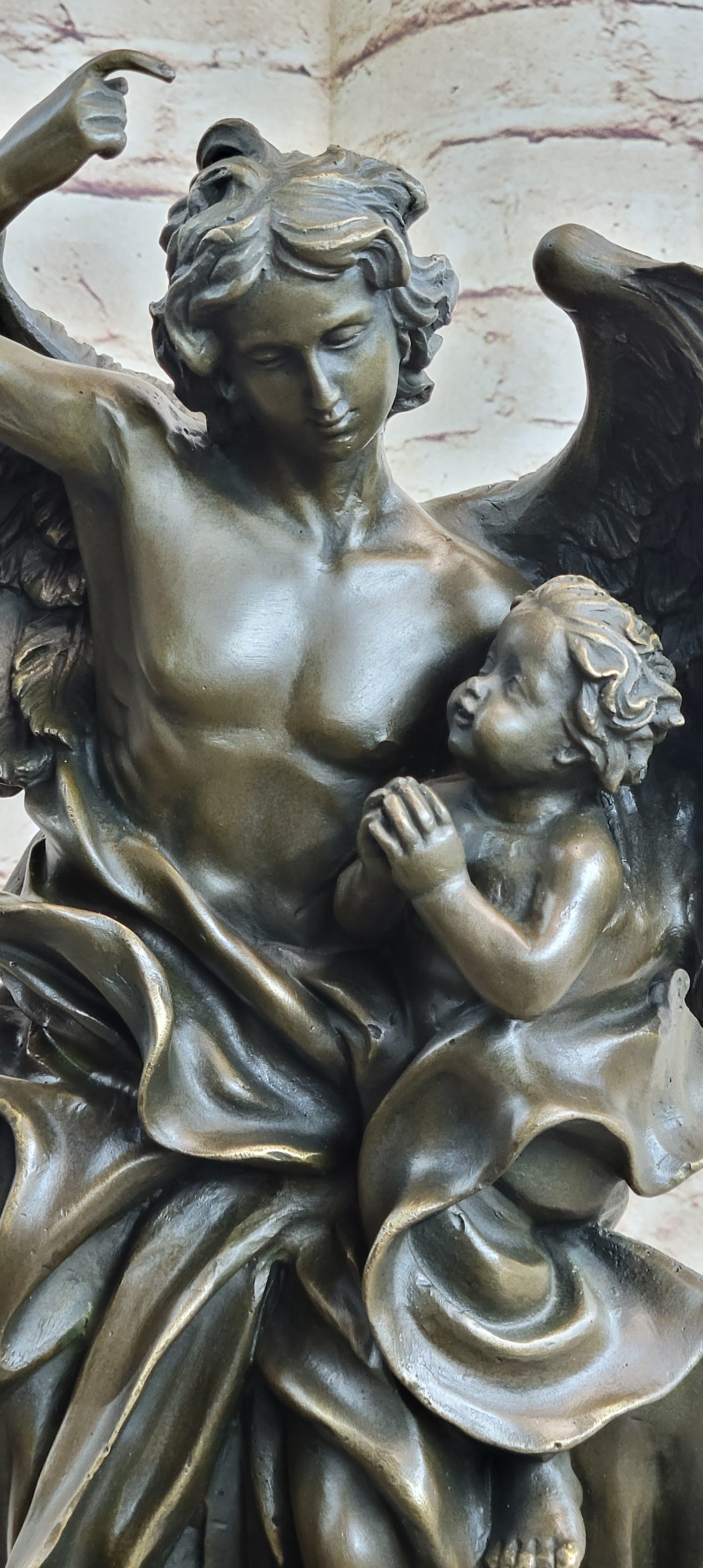 Signed Leonard Large Muscular Angel with Child Bronze Marble
