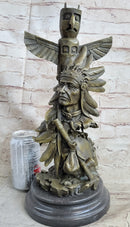 Sign Original Fisher Indian Warrior With Totem Pole Bird Bronze
