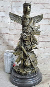 Sign Original Fisher Indian Warrior With Totem Pole Bird Bronze