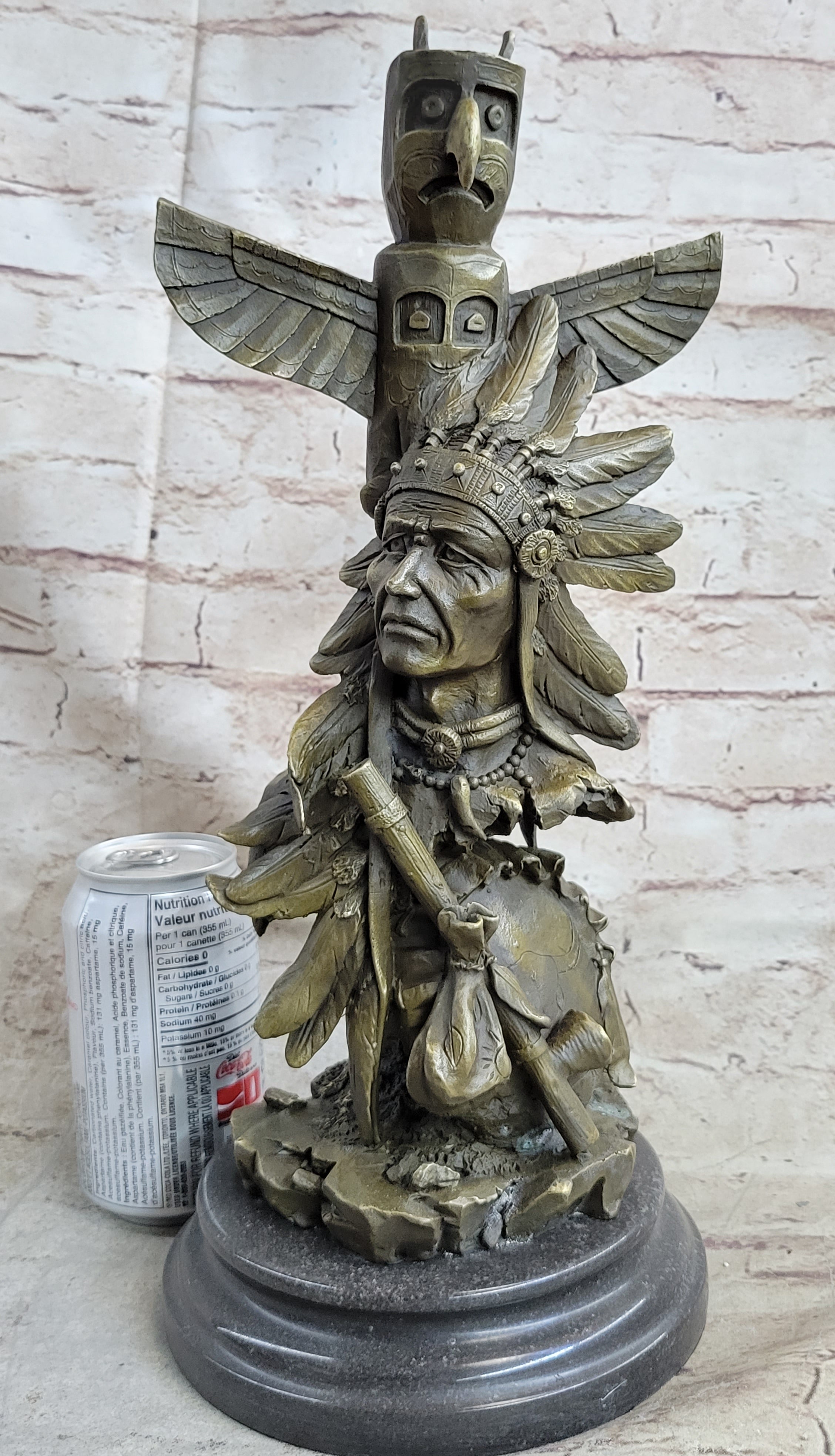 Sign Original Fisher Indian Warrior With Totem Pole Bird Bronze