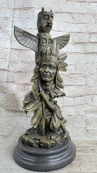 Sign Original Fisher Indian Warrior With Totem Pole Bird Bronze
