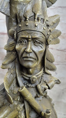 Sign Original Fisher Indian Warrior With Totem Pole Bird Bronze