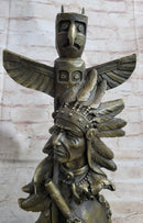 Sign Original Fisher Indian Warrior With Totem Pole Bird Bronze
