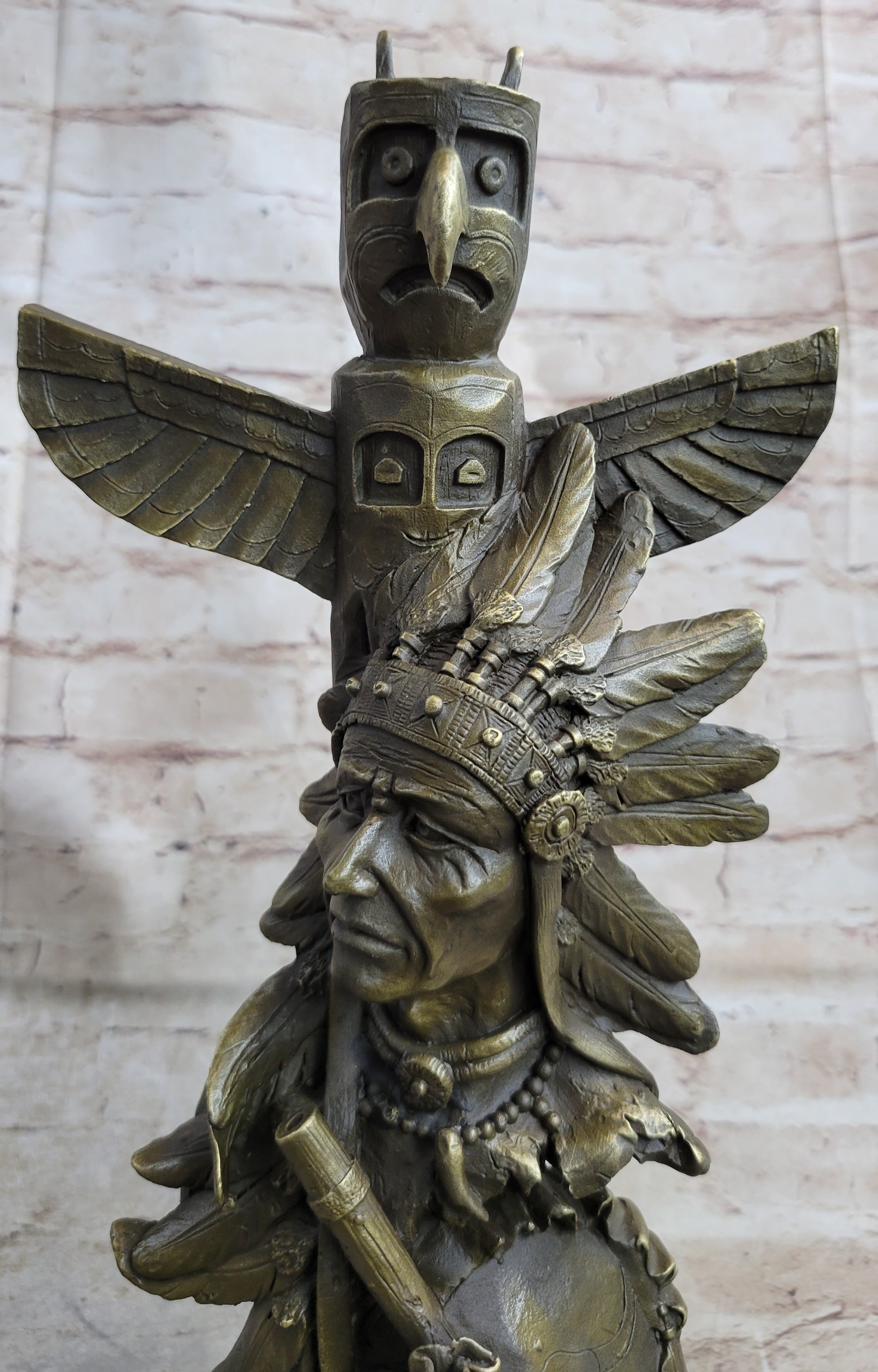Sign Original Fisher Indian Warrior With Totem Pole Bird Bronze
