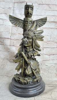 Sign Original Fisher Indian Warrior With Totem Pole Bird Bronze