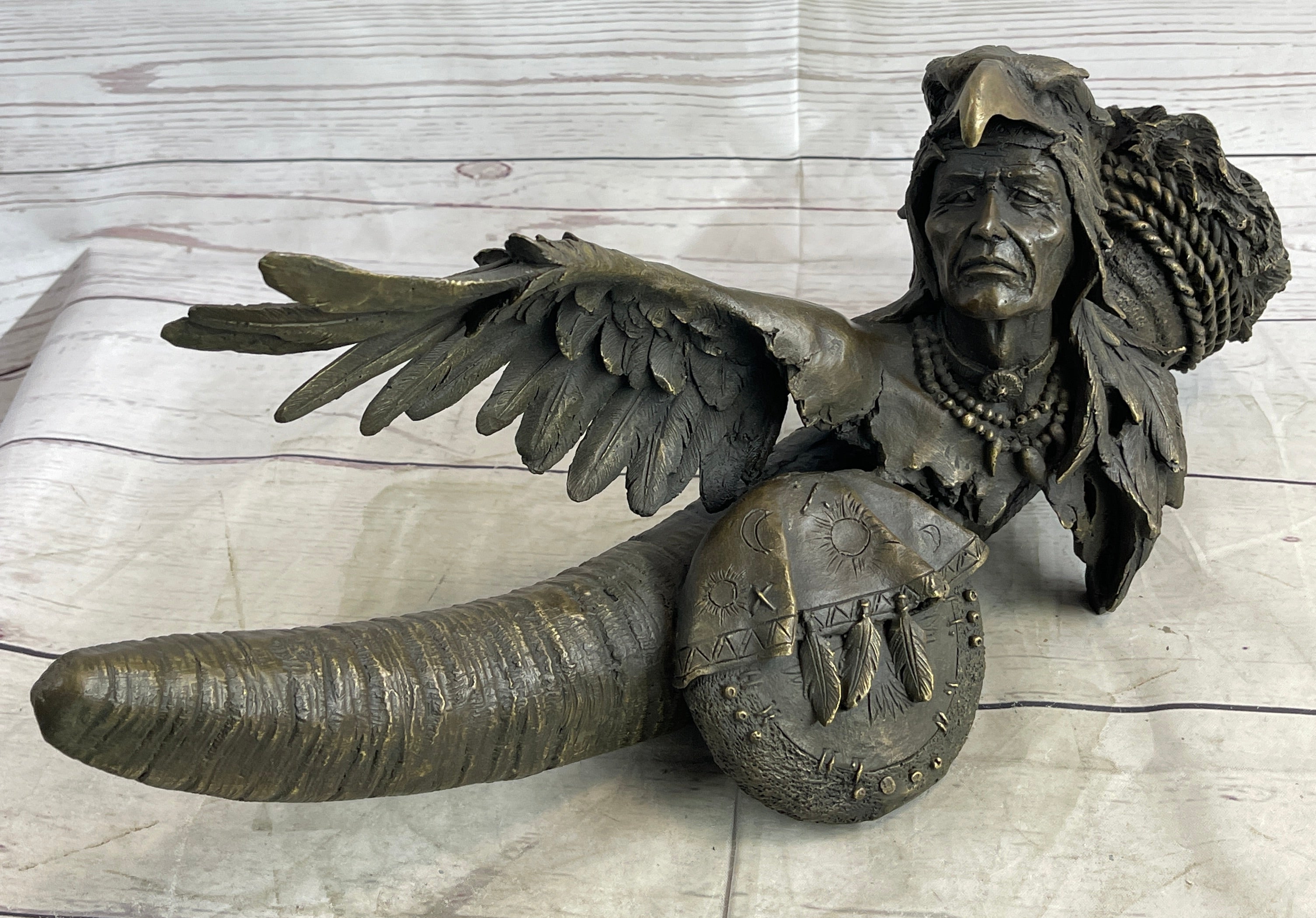 Native American Warrior With Eagle Headdress Bronze Sculpture
