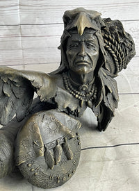Native American Warrior With Eagle Headdress Bronze Sculpture