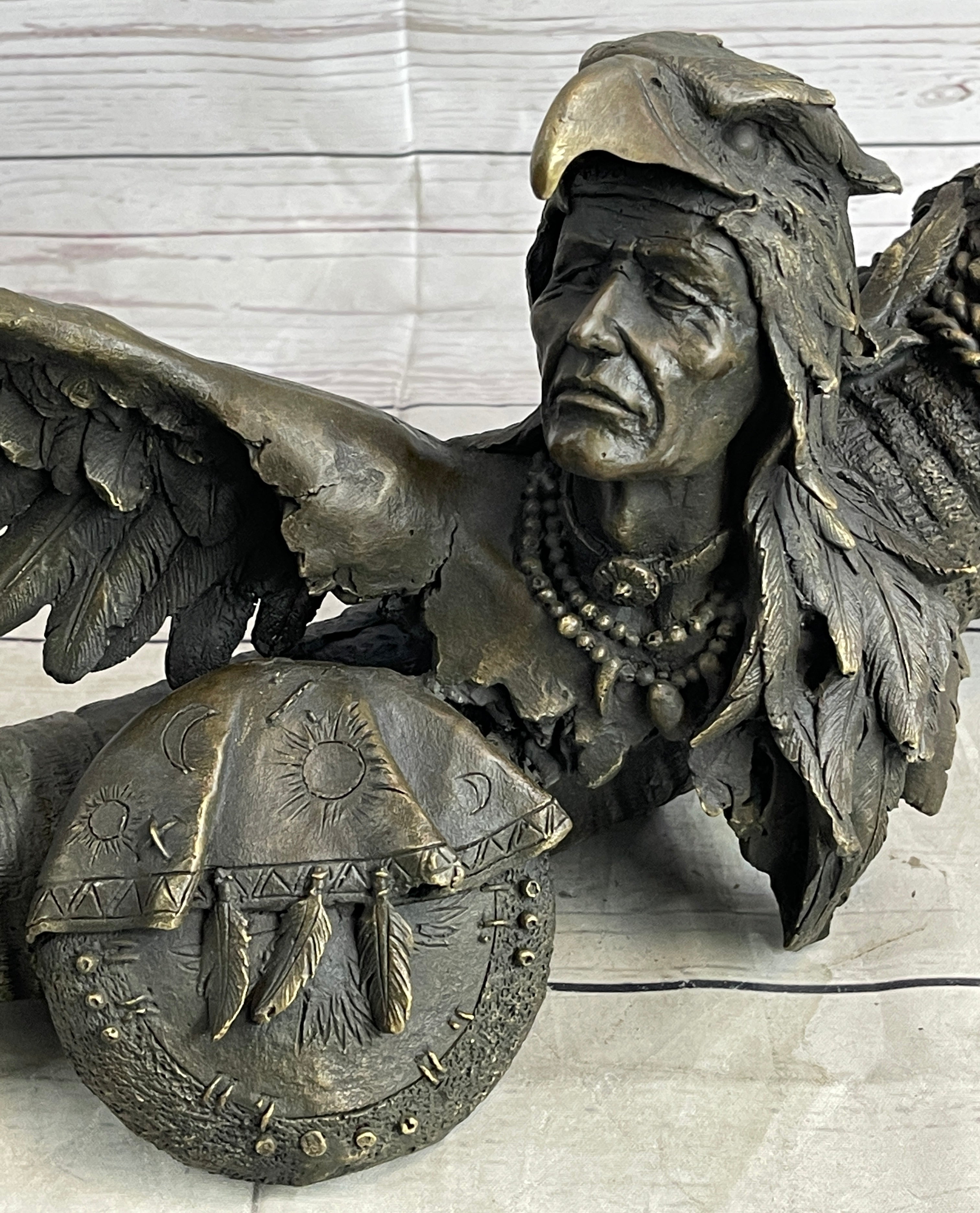 Native American Warrior With Eagle Headdress Bronze Sculpture
