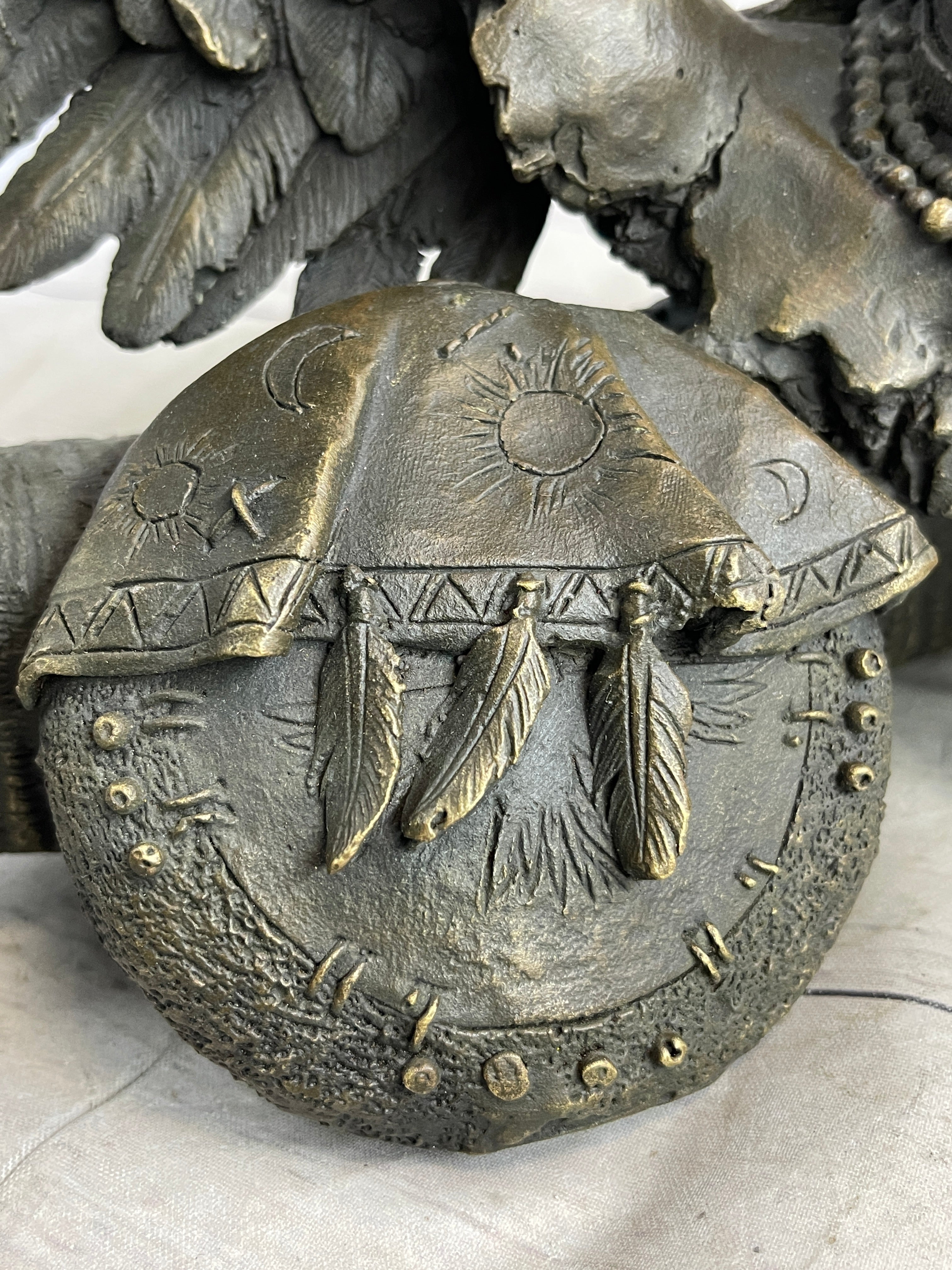 Native American Warrior With Eagle Headdress Bronze Sculpture