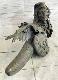 Native American Warrior With Eagle Headdress Bronze Sculpture