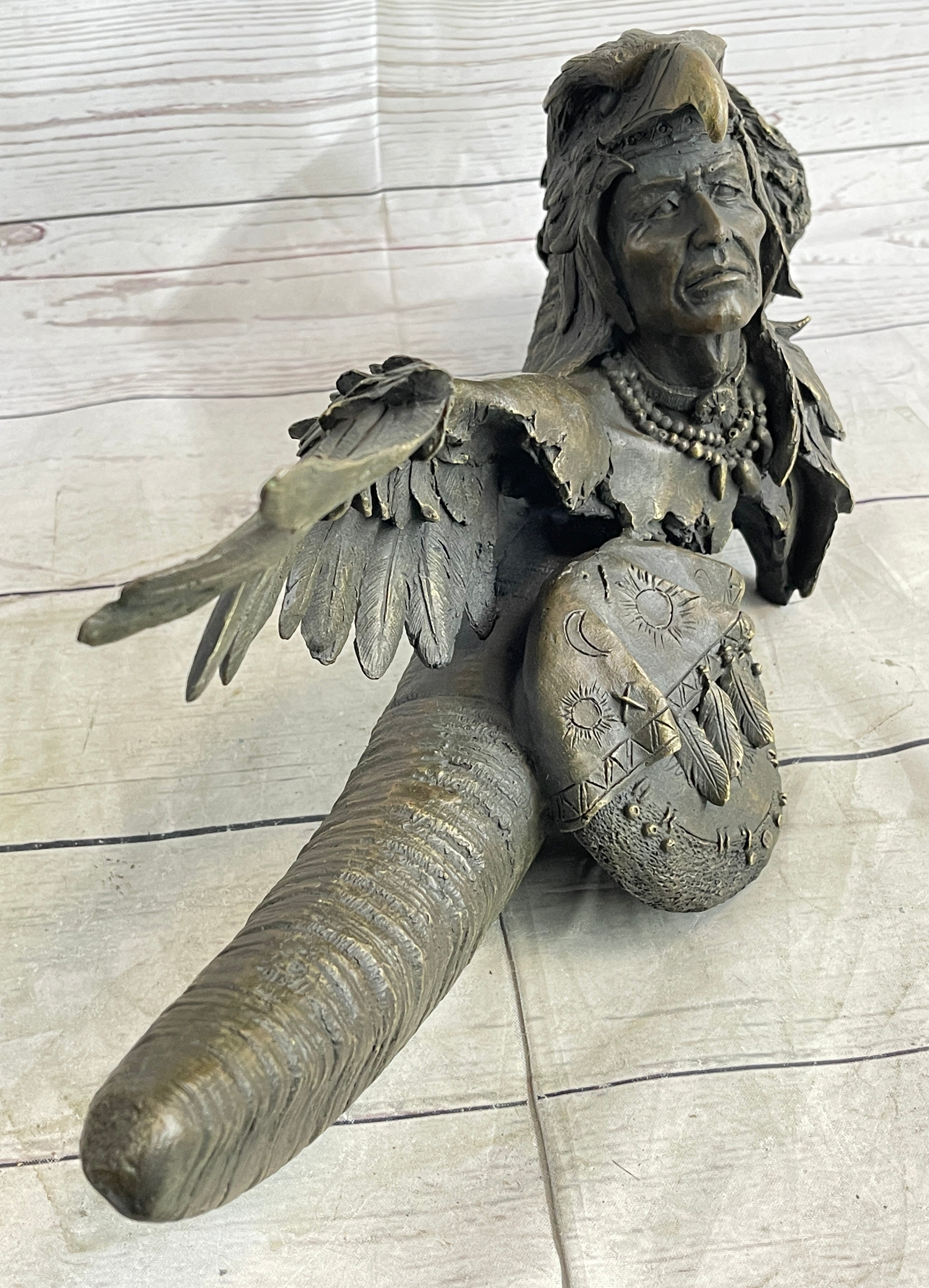 Native American Warrior With Eagle Headdress Bronze Sculpture