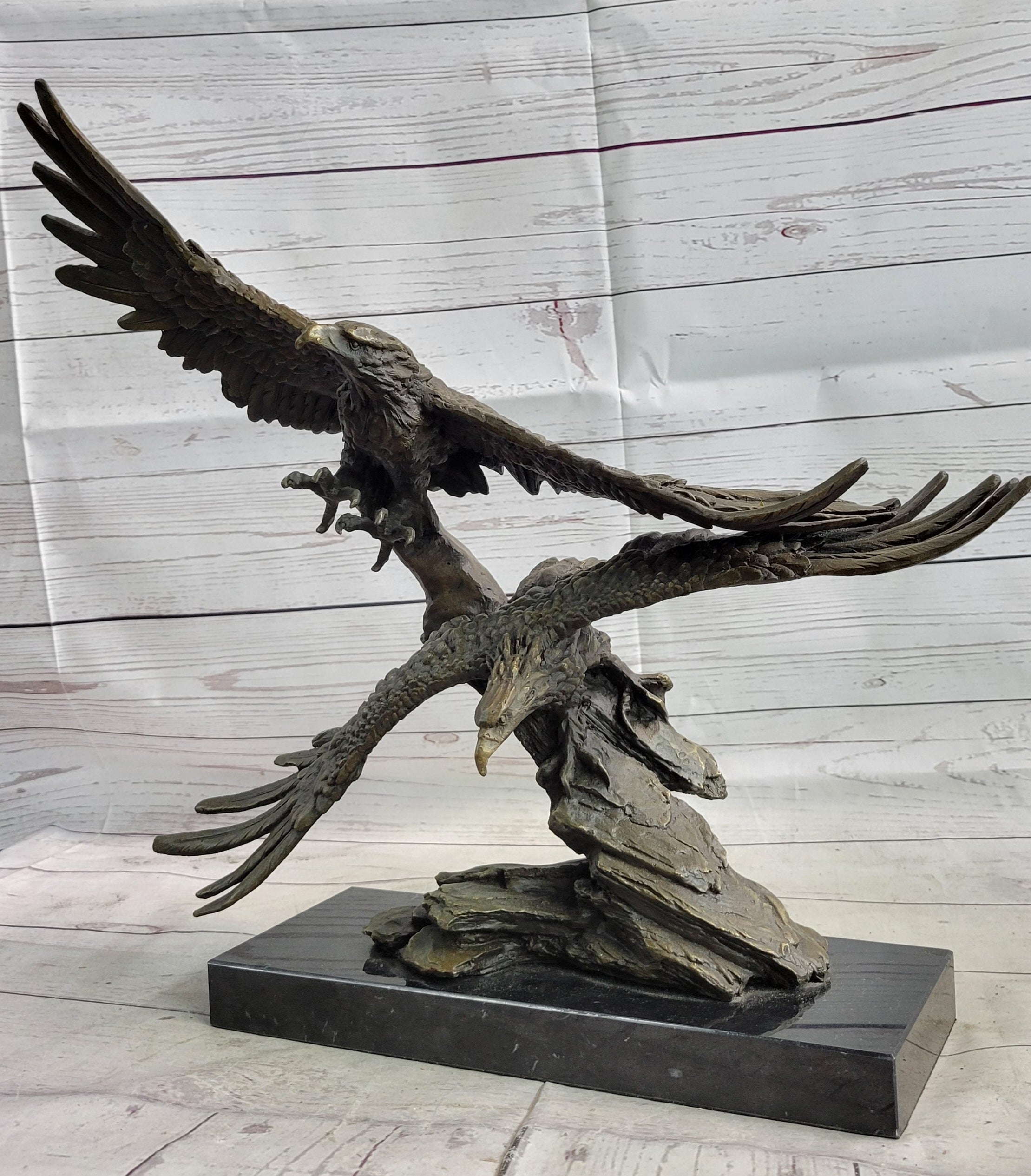 Two Eagles in Flight Bronze Metal Sculpture on Marble Base