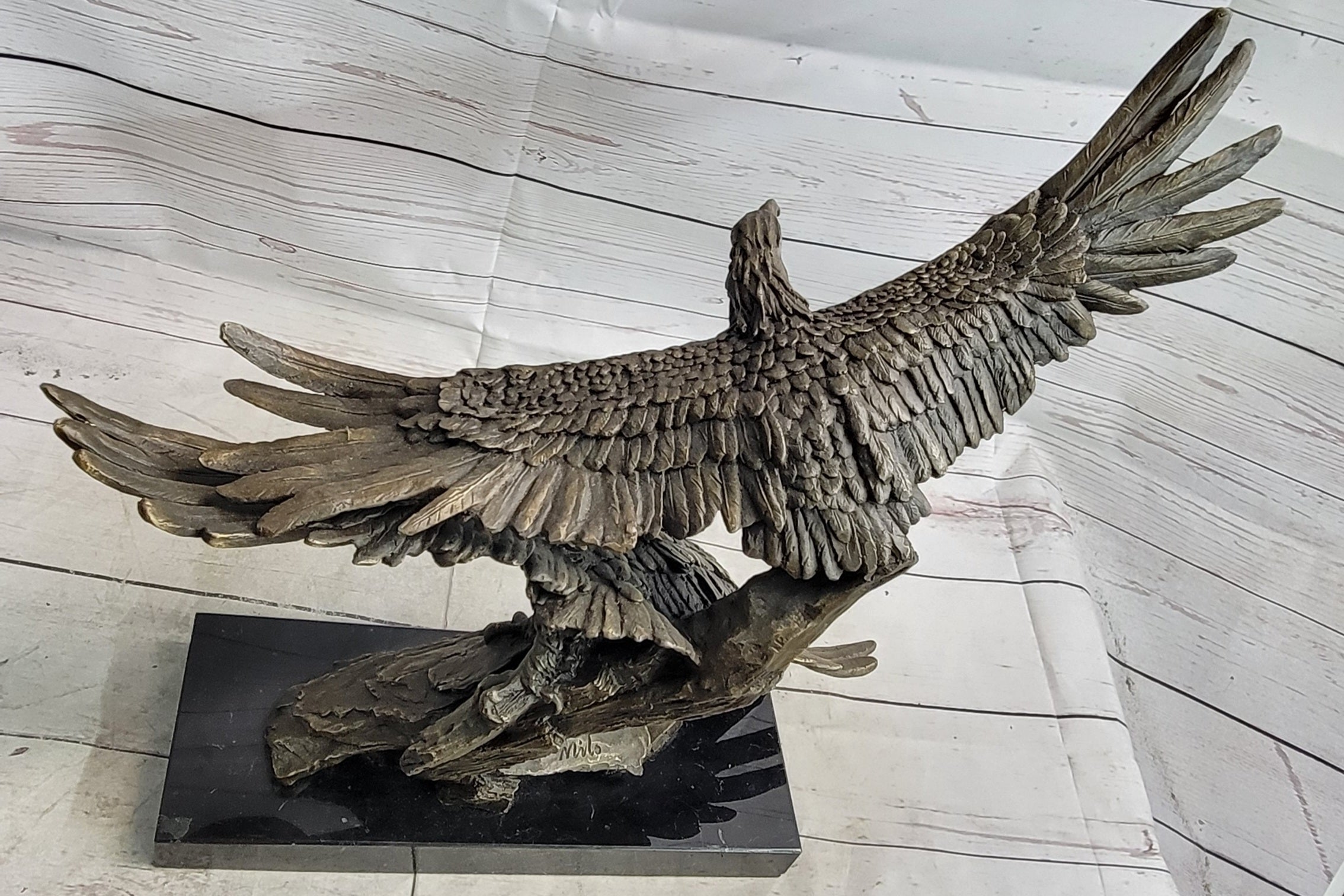 Two Eagles in Flight Bronze Metal Sculpture on Marble Base