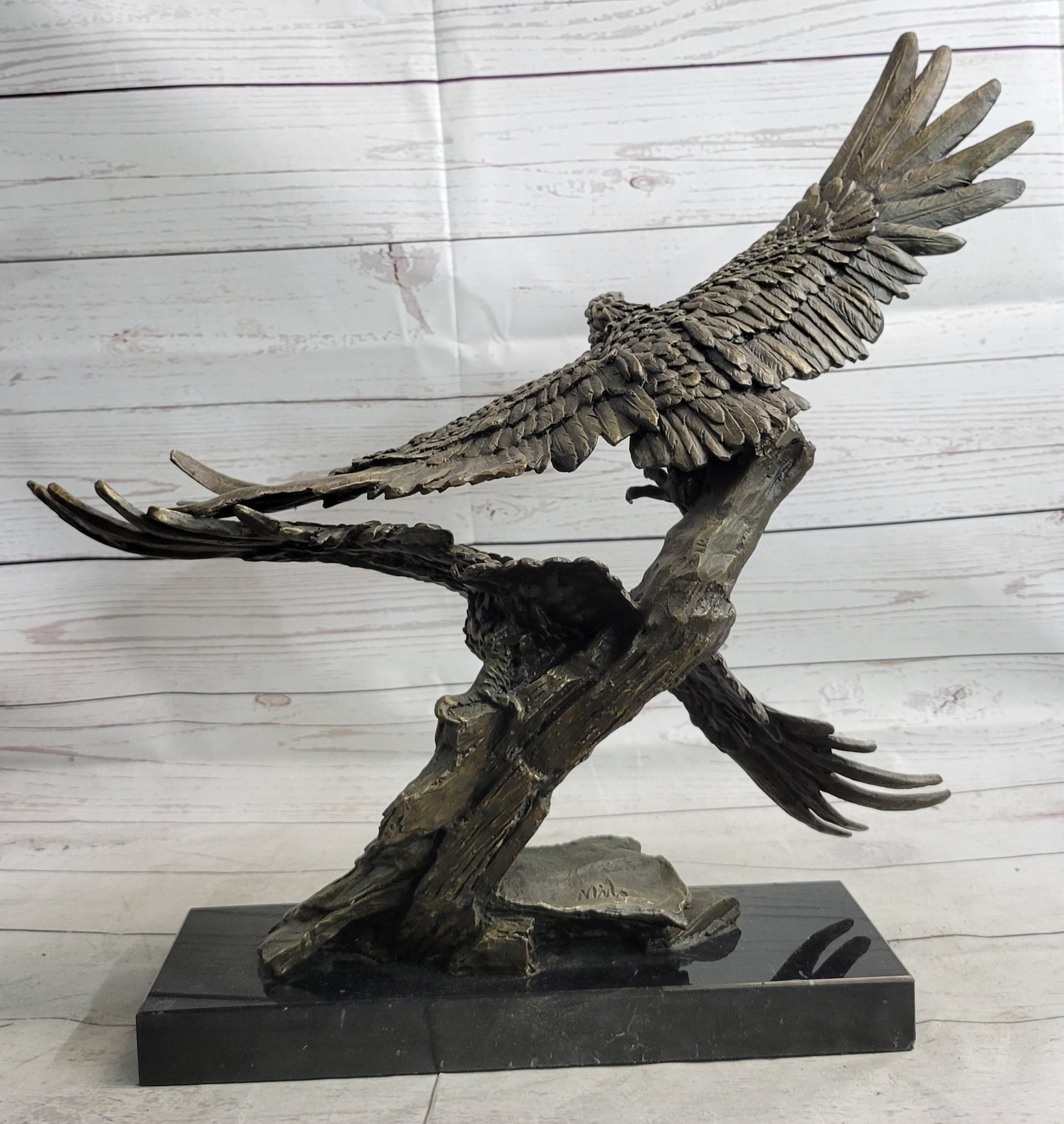 Two Eagles in Flight Bronze Metal Sculpture on Marble Base