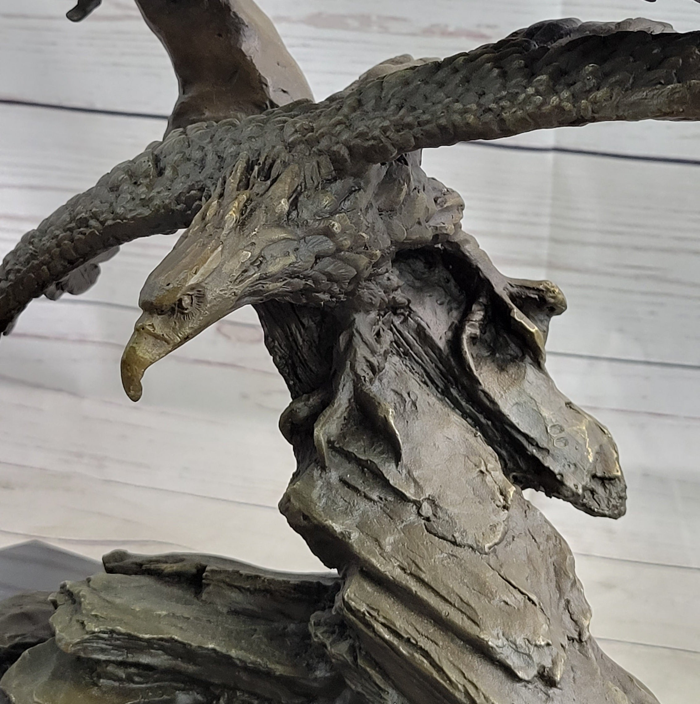 Two Eagles in Flight Bronze Metal Sculpture on Marble Base