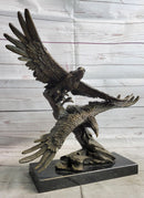 Two Eagles in Flight Bronze Metal Sculpture on Marble Base