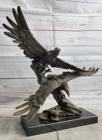 Two Eagles in Flight Bronze Metal Sculpture on Marble Base