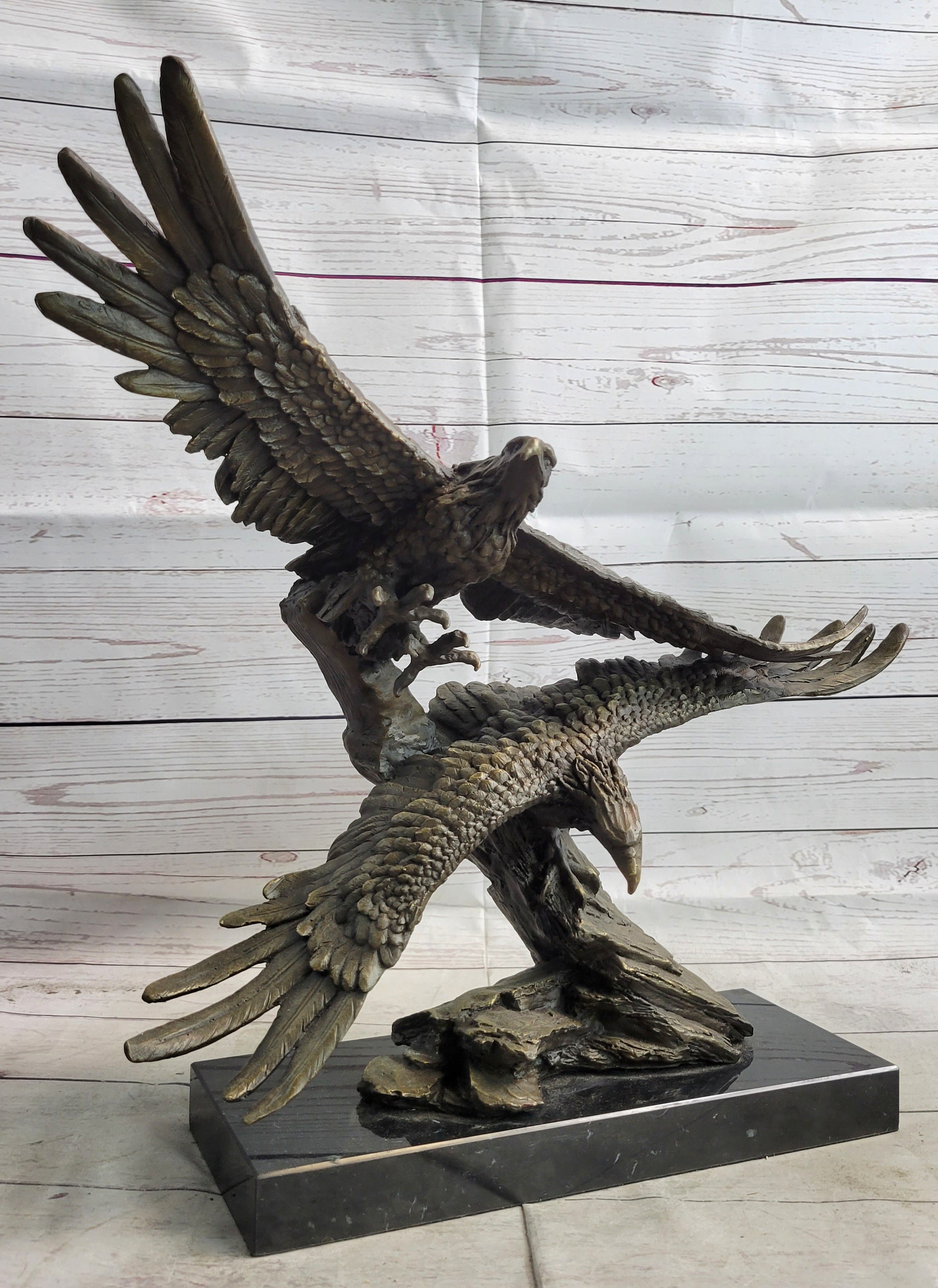 Two Eagles in Flight Bronze Metal Sculpture on Marble Base