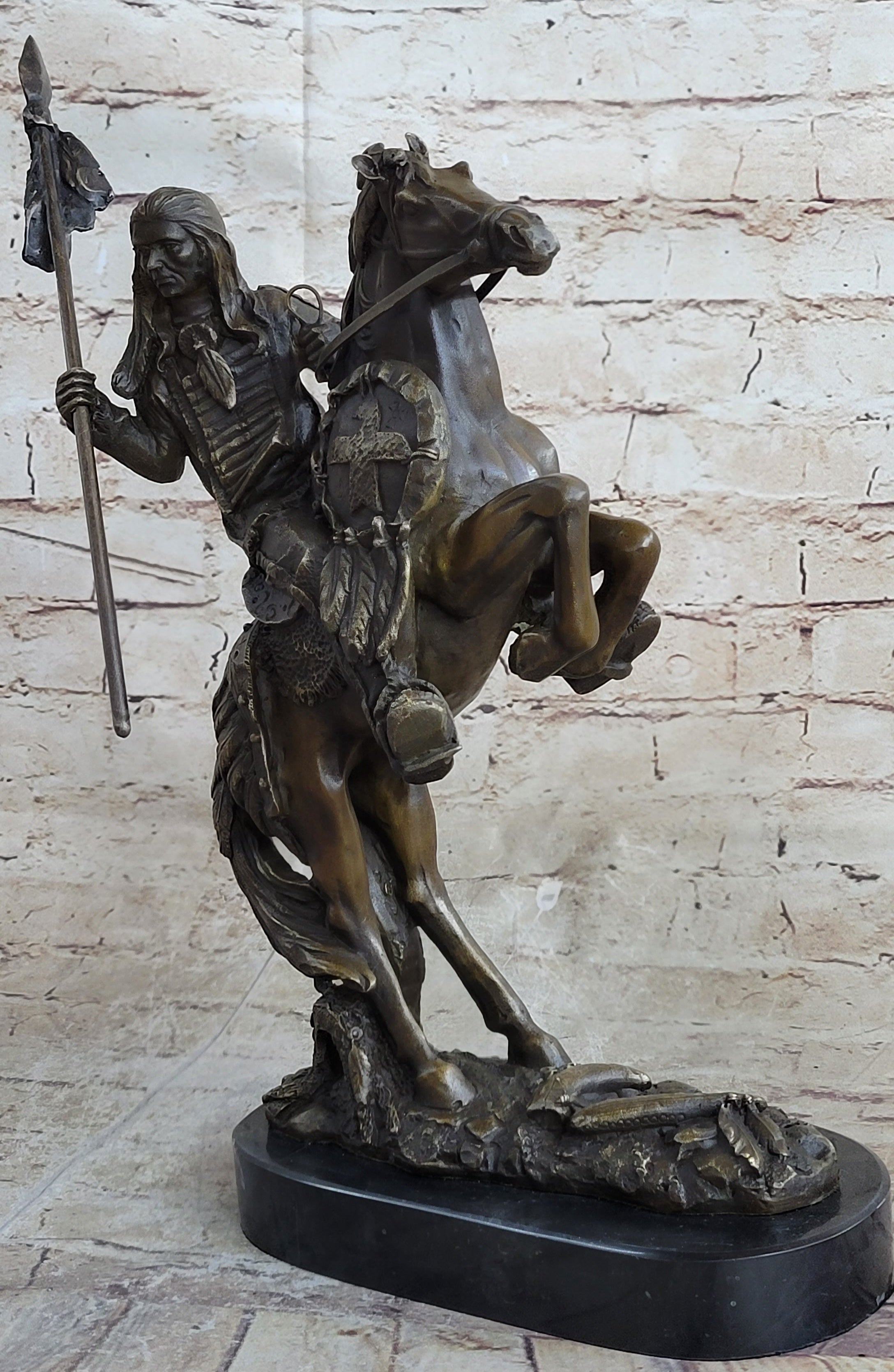 American Indian Chief Riding Horse Bronze Sculpture
