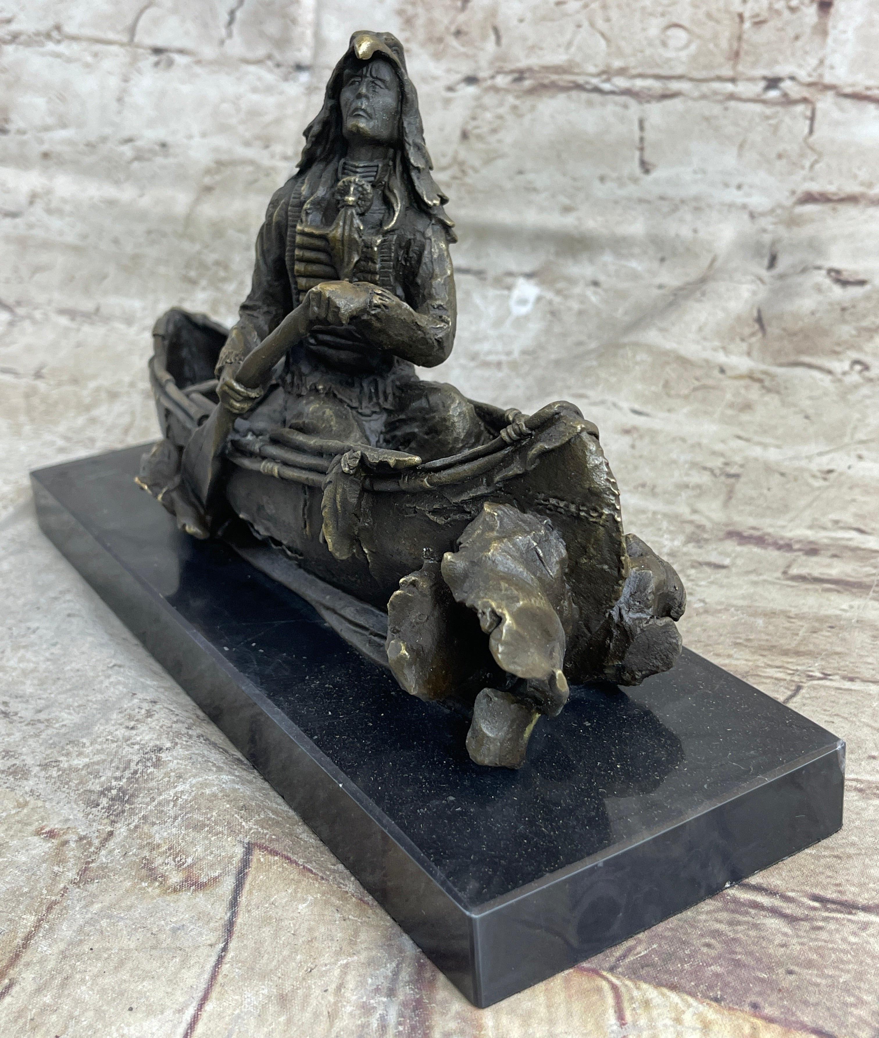 Native American Indian Man in Canoe Bronze 7" x 10"