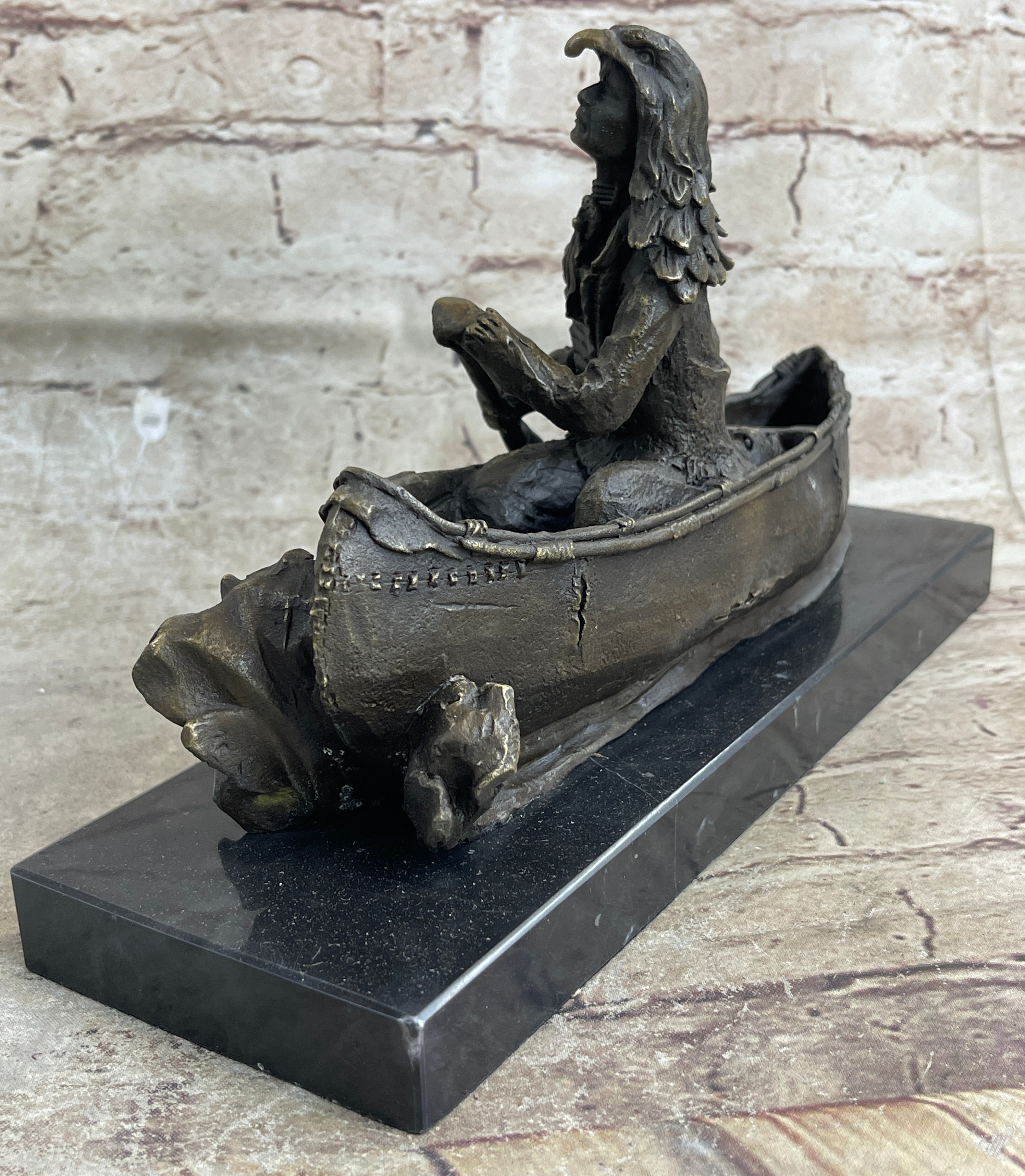 Native American Indian Man in Canoe Bronze 7" x 10"