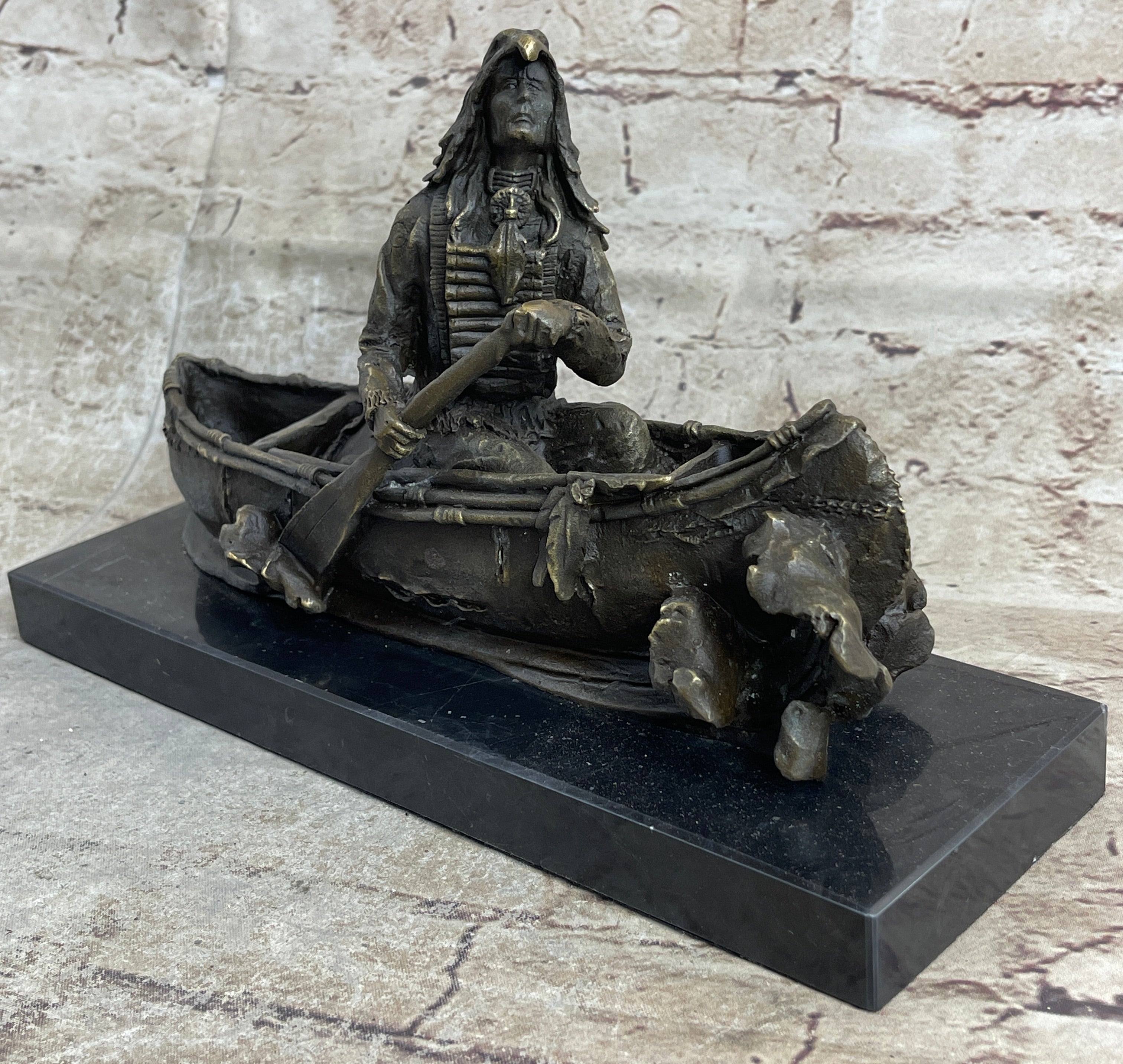 Native American Indian Man in Canoe Bronze 7" x 10"