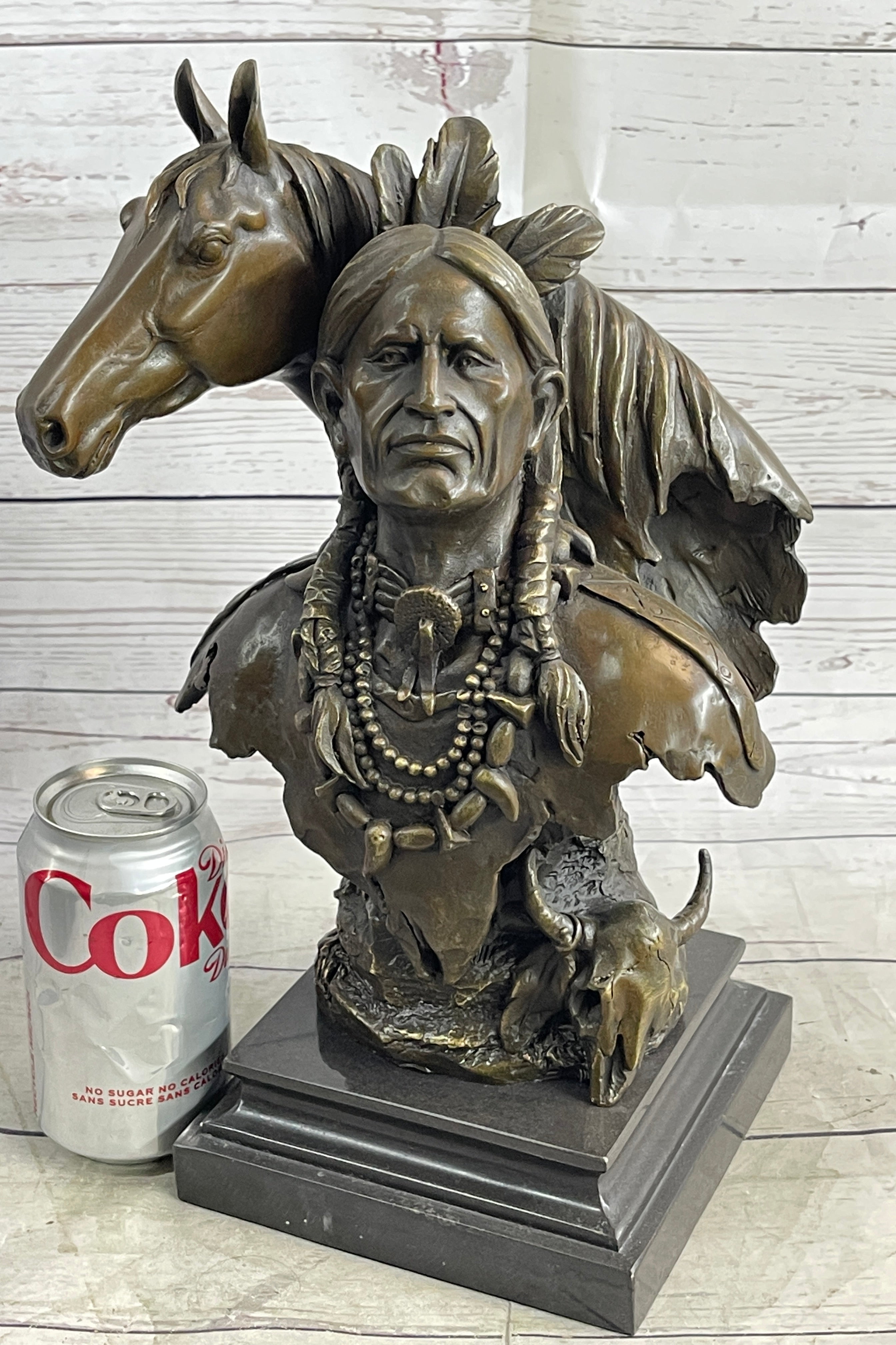 Native American Man & Horse Bronze Bust 14" x 10"