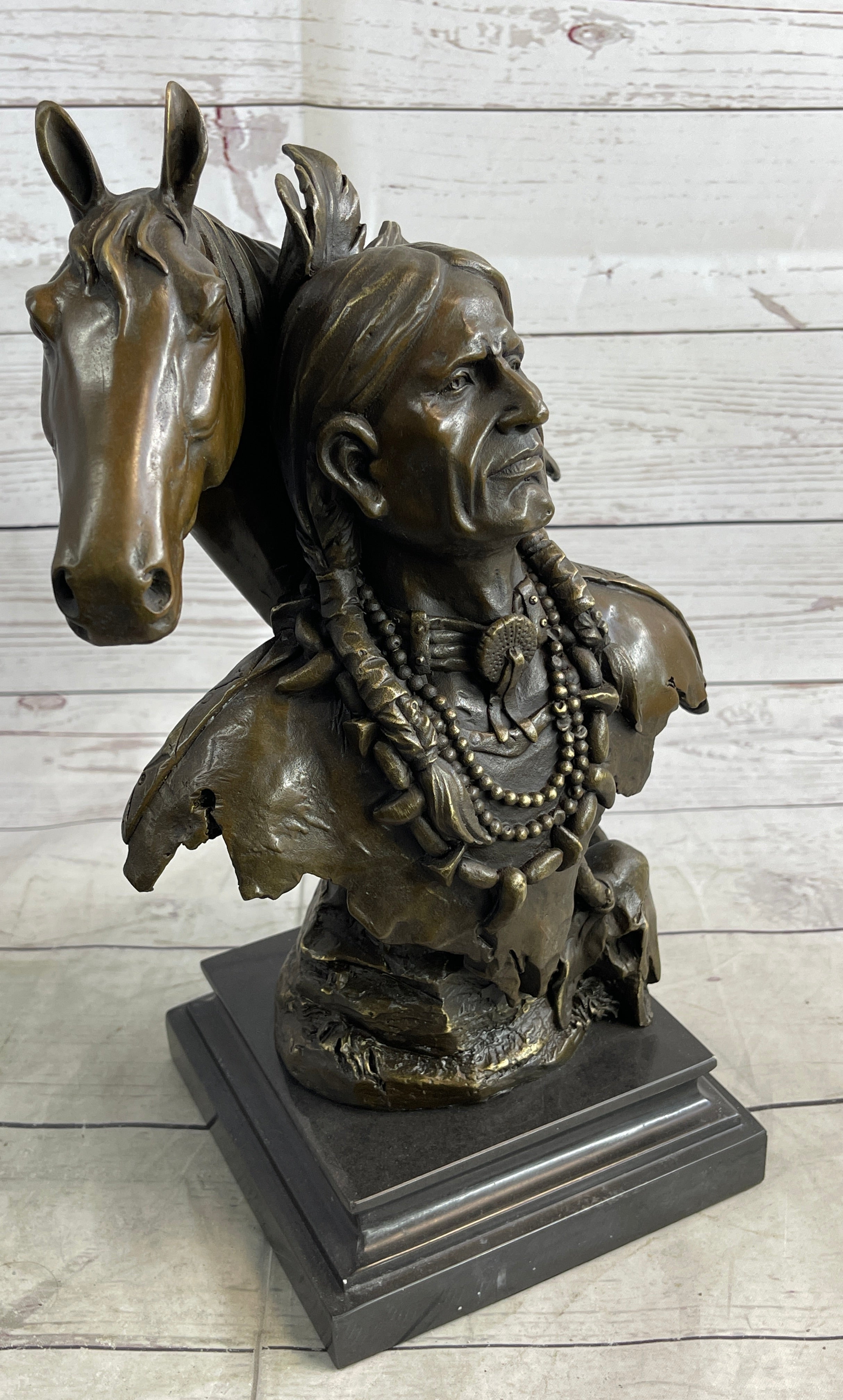 Native American Man & Horse Bronze Bust 14" x 10"