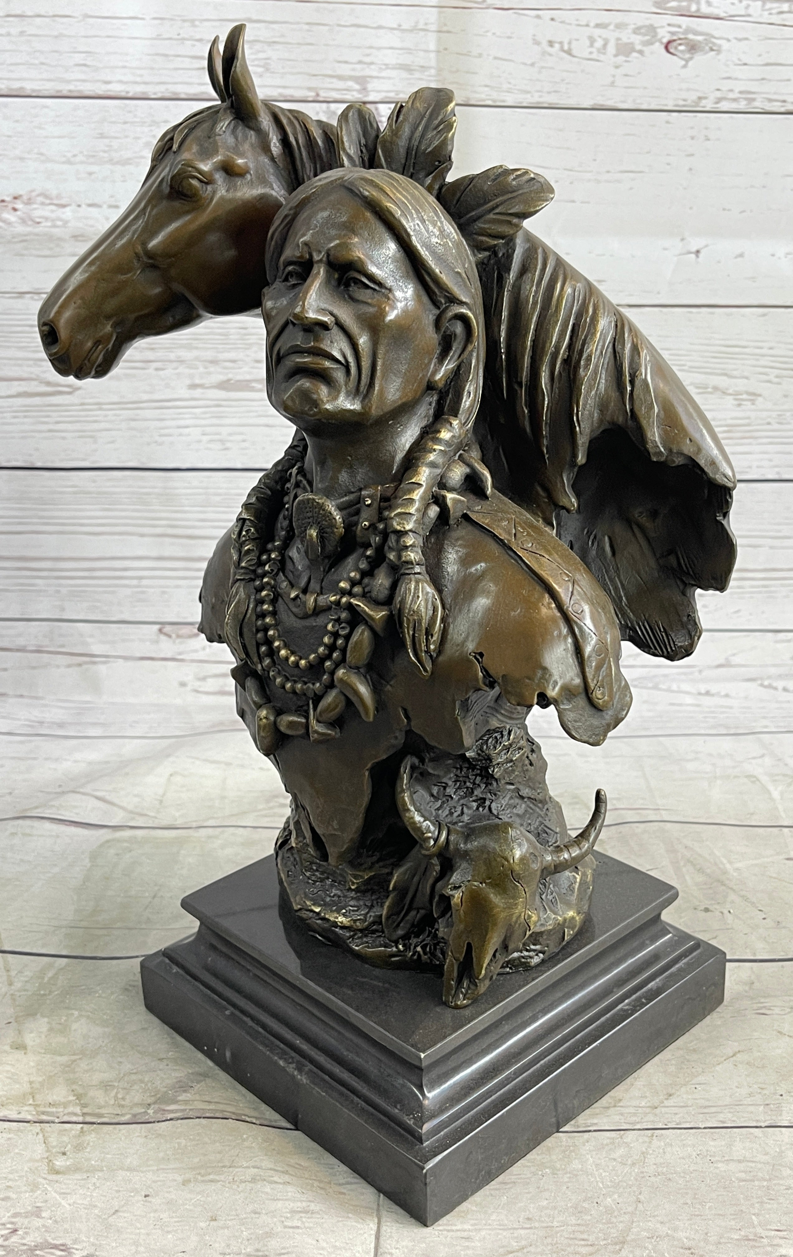 Native American Man & Horse Bronze Bust 14" x 10"