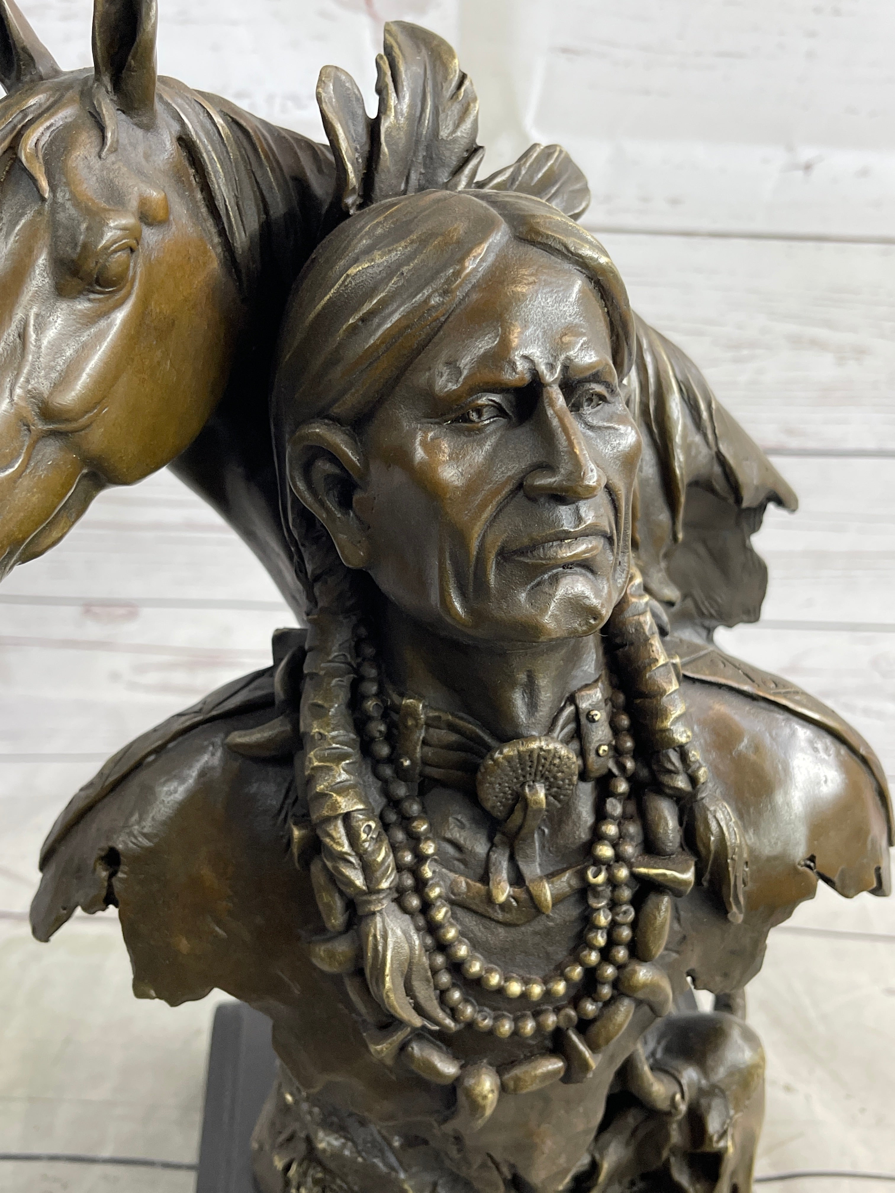 Native American Man & Horse Bronze Bust 14" x 10"