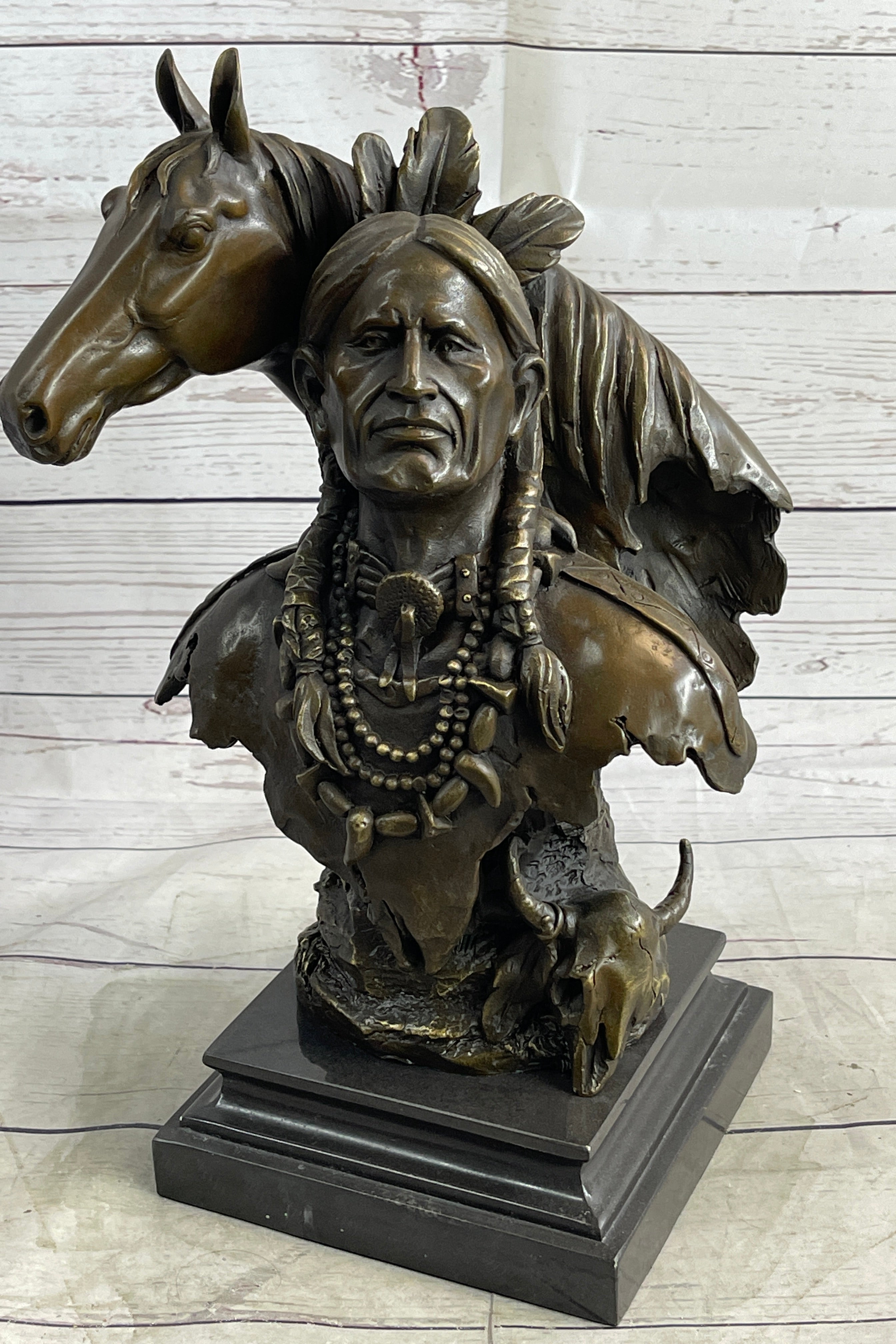 Native American Man & Horse Bronze Bust 14" x 10"