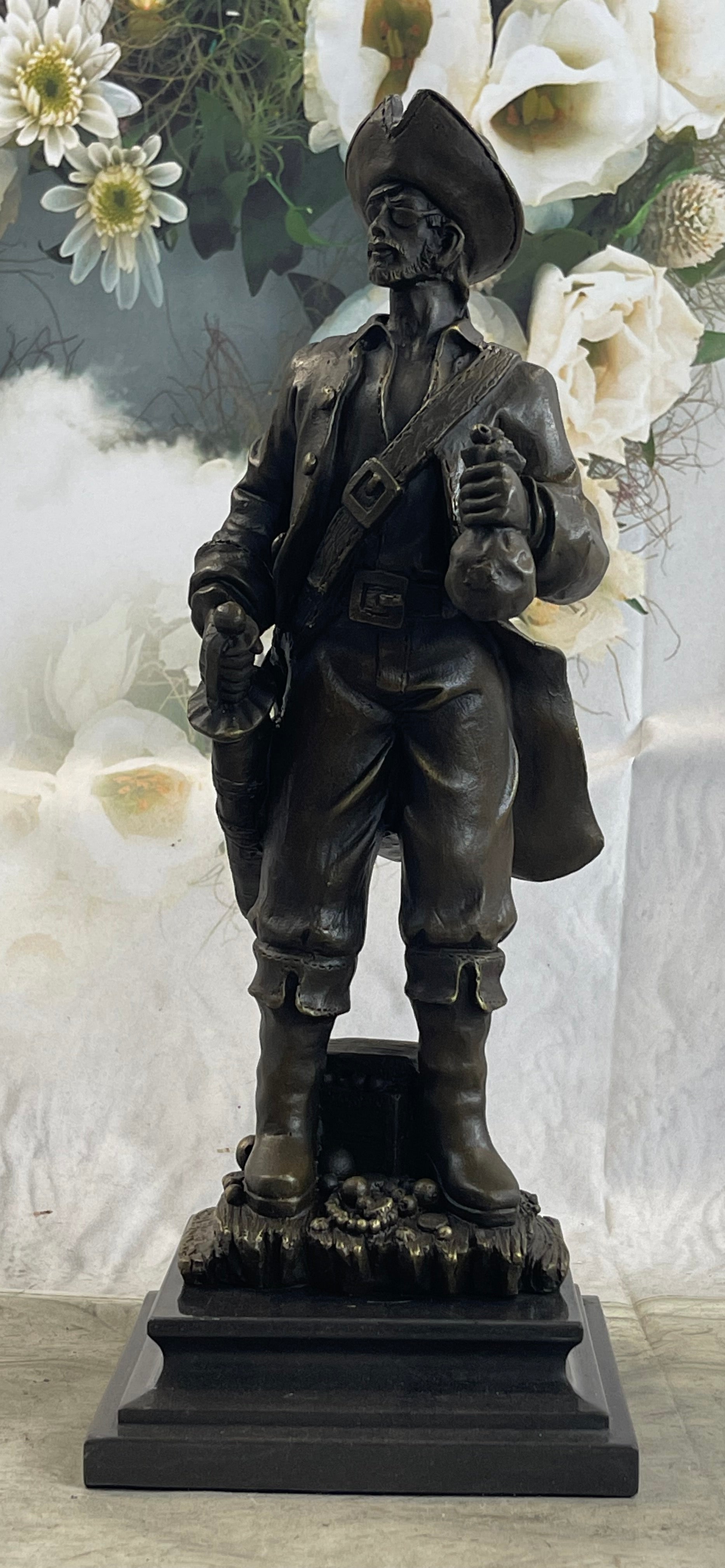 Pirate With Treasure Chest and Sword Bronze Sculpture 14" x 5"
