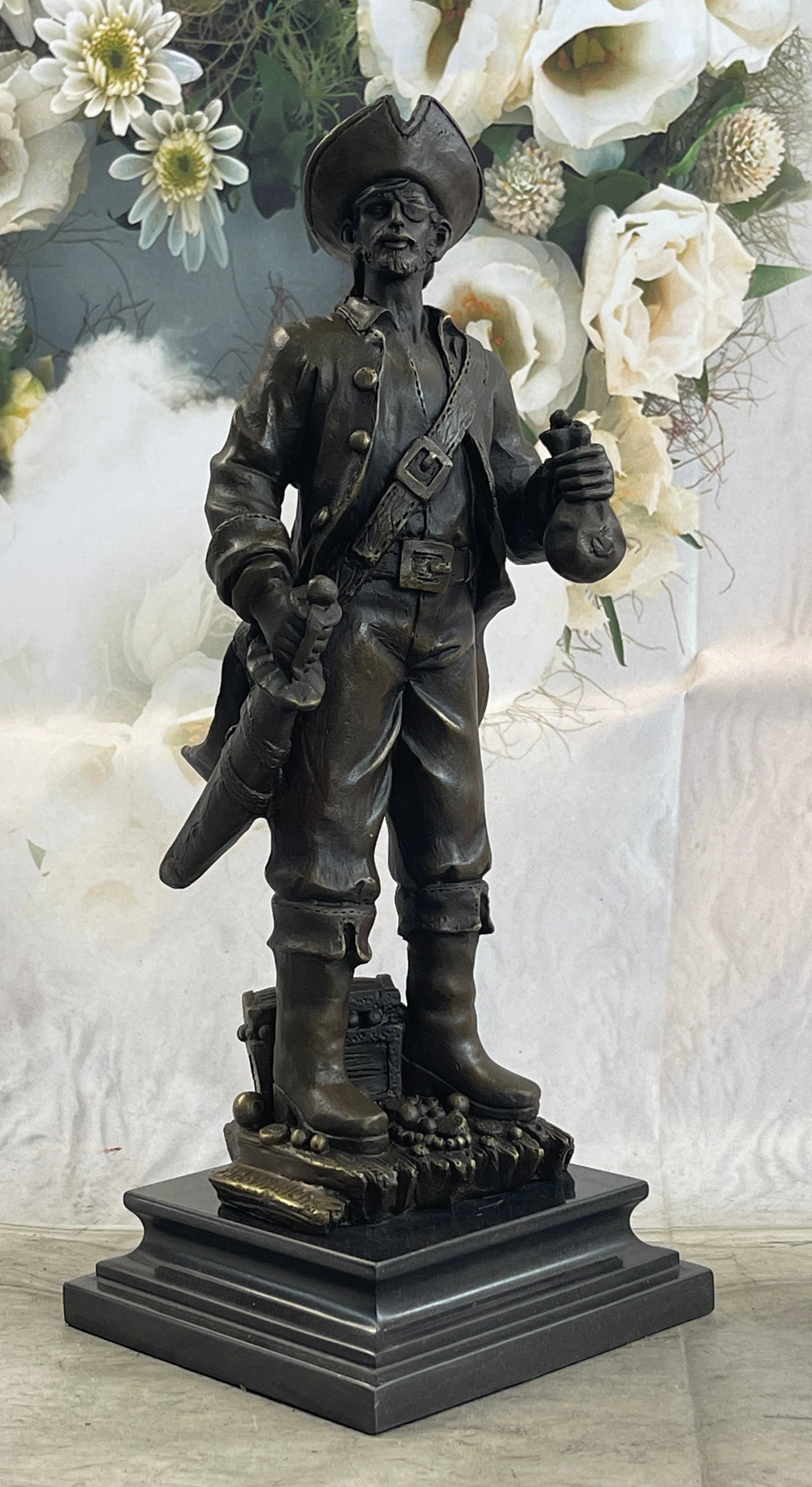 Pirate With Treasure Chest and Sword Bronze Sculpture 14" x 5"