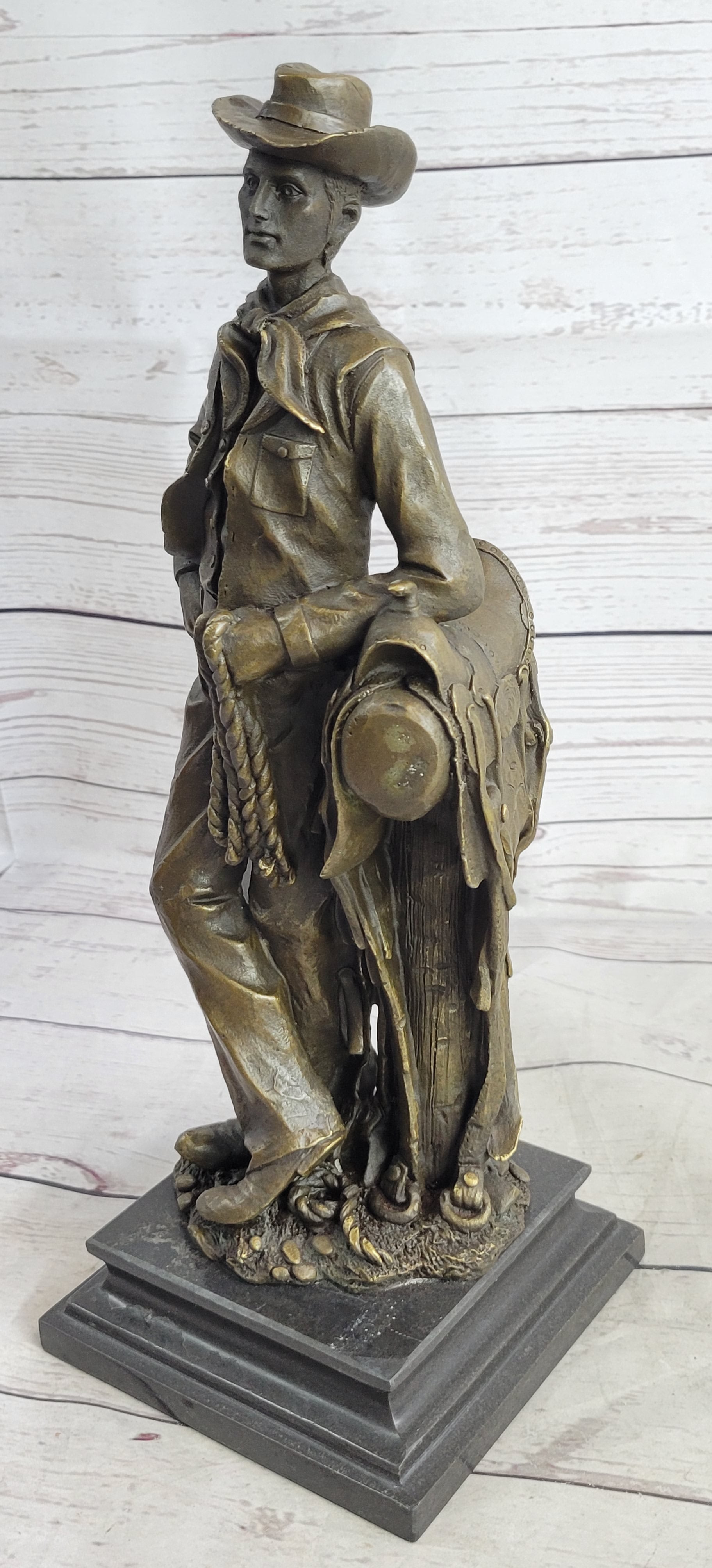 Signed Patoue Cowboy with Rope Bronze Sculpture