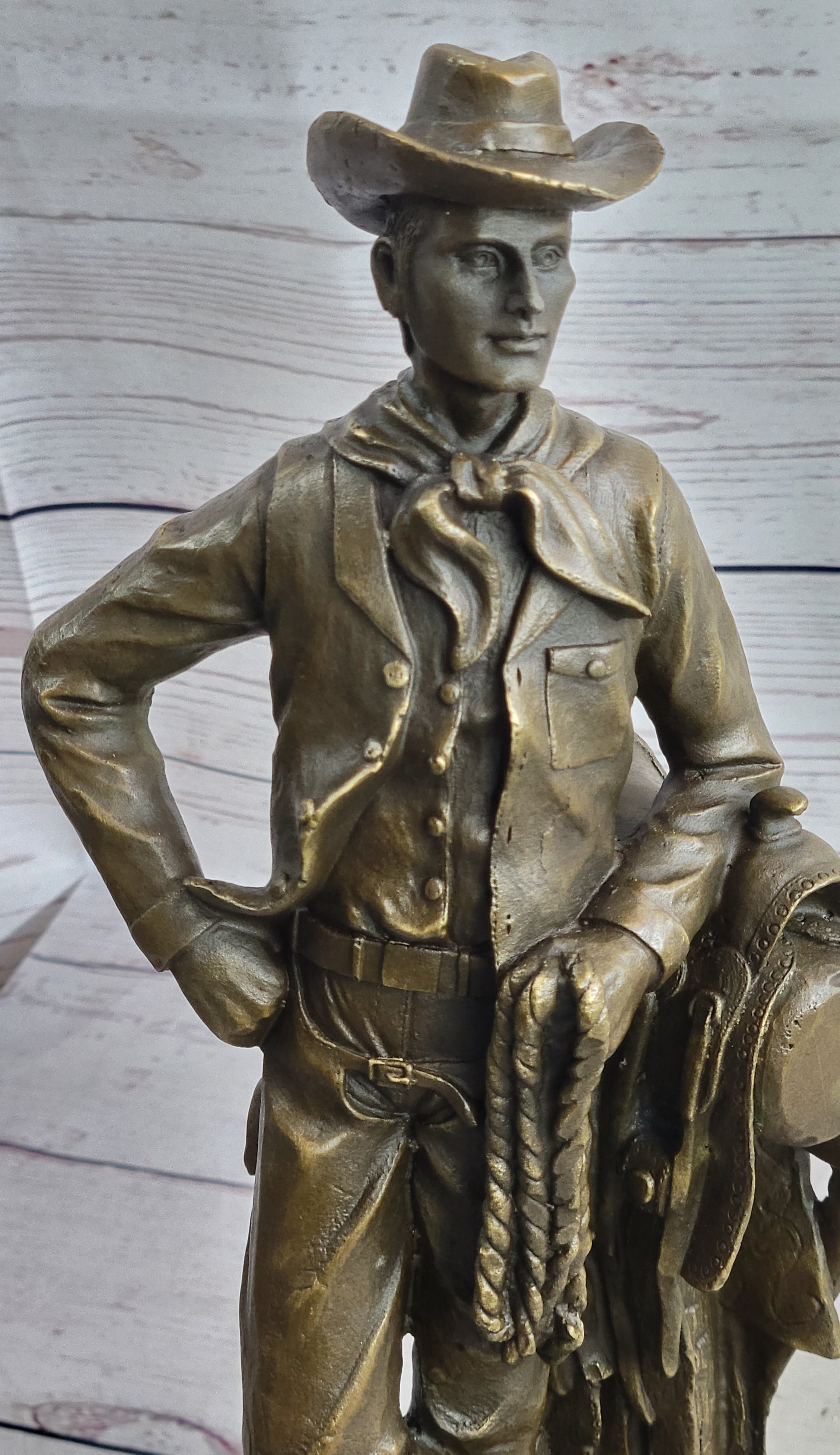 Signed Patoue Cowboy with Rope Bronze Sculpture