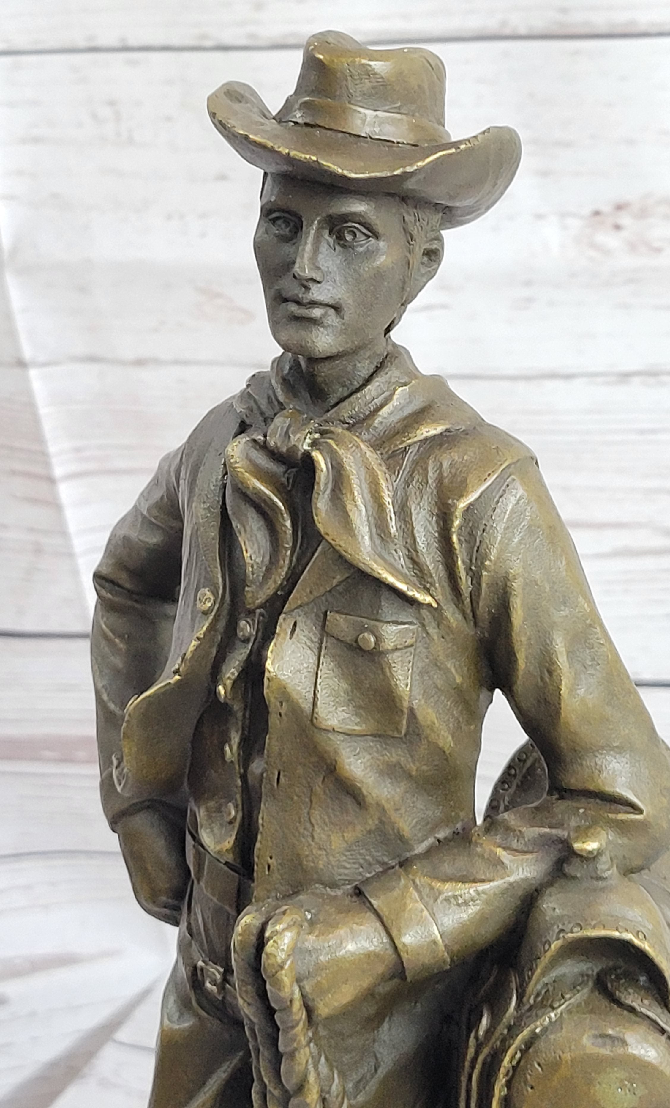 Signed Patoue Cowboy with Rope Bronze Sculpture