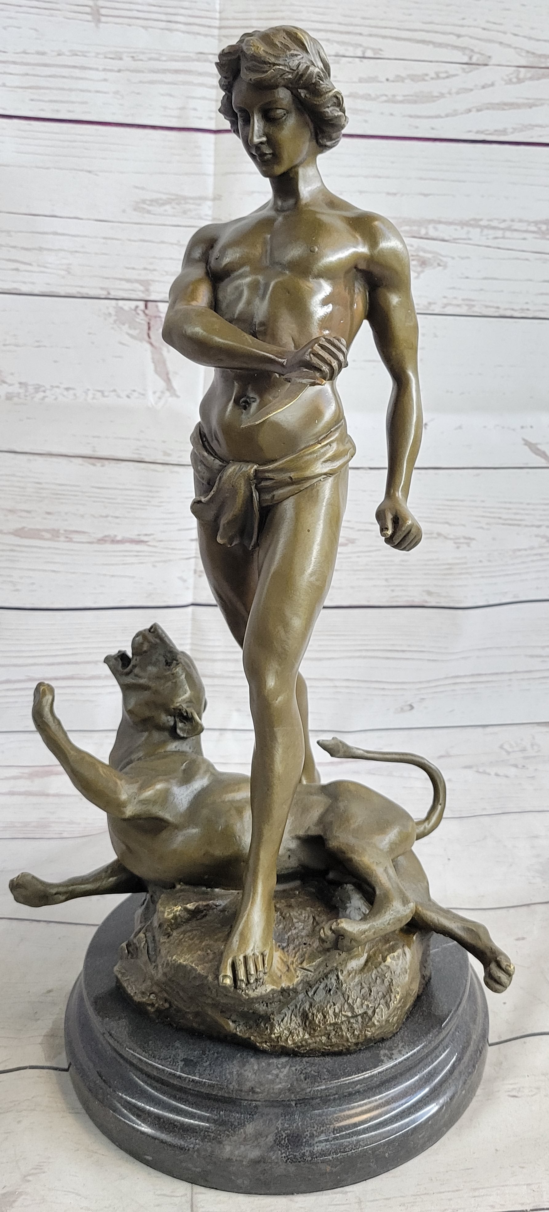 Loys Potet Lion Slayer Bronze Metal Sculpture Art Deco