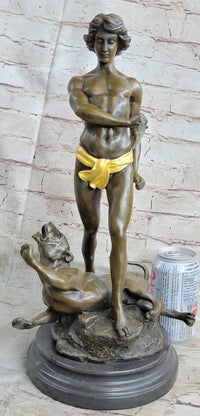Hot Cast Art Deco Young Boy Killing Cougar with Dagger Bronze
