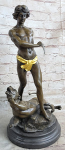 Hot Cast Art Deco Young Boy Killing Cougar with Dagger Bronze