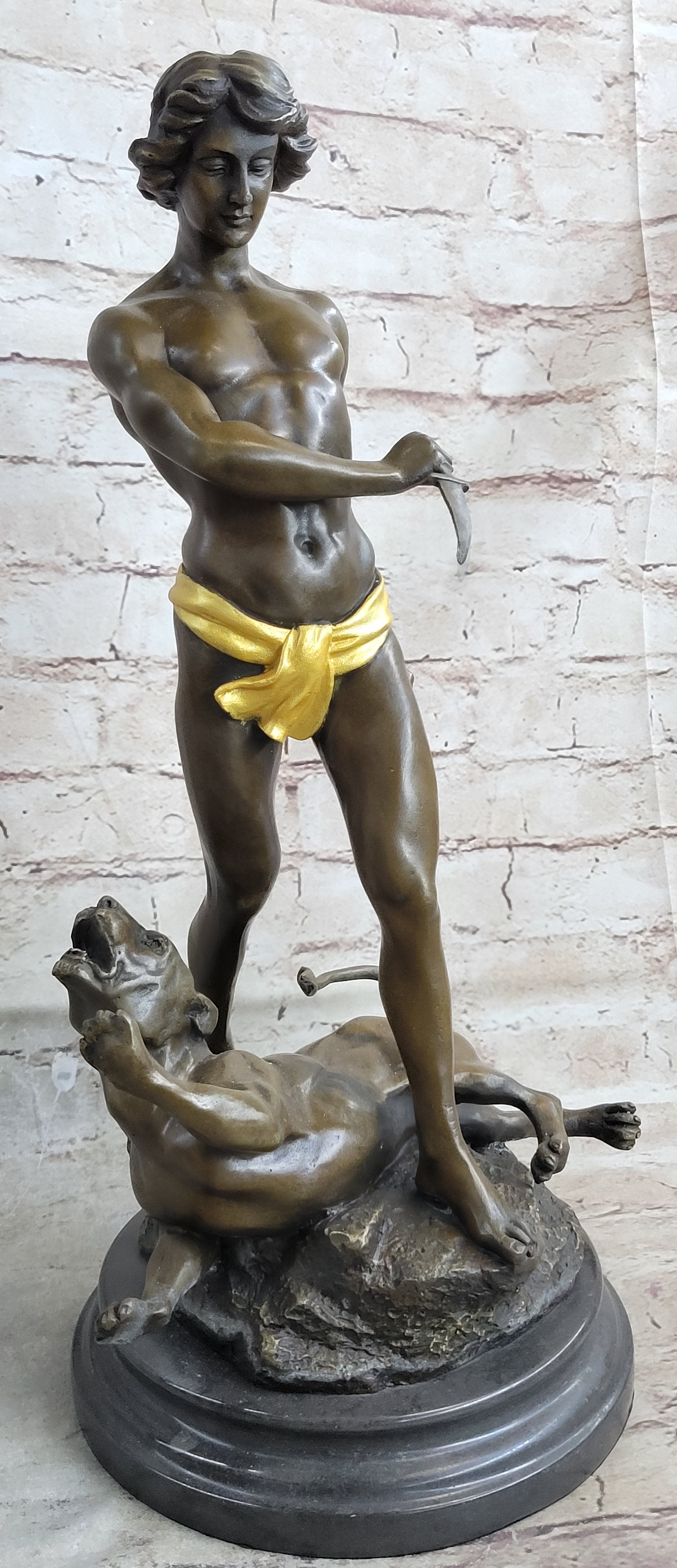 Hot Cast Art Deco Young Boy Killing Cougar with Dagger Bronze
