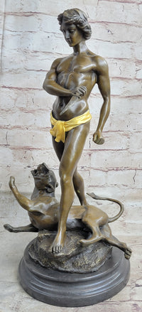 Hot Cast Art Deco Young Boy Killing Cougar with Dagger Bronze