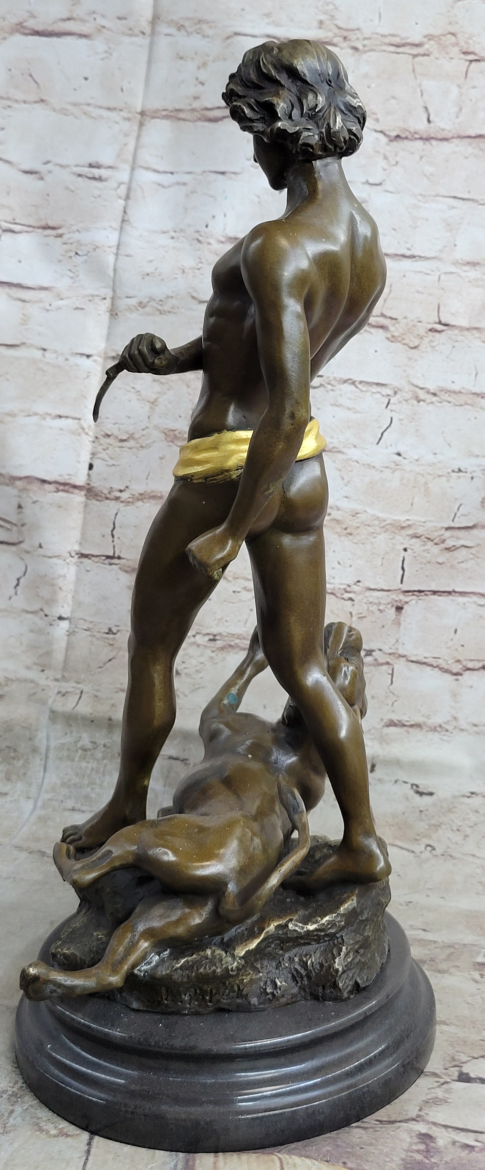 Hot Cast Art Deco Young Boy Killing Cougar with Dagger Bronze