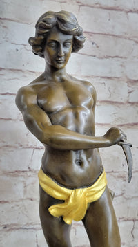 Hot Cast Art Deco Young Boy Killing Cougar with Dagger Bronze