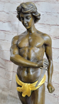Hot Cast Art Deco Young Boy Killing Cougar with Dagger Bronze
