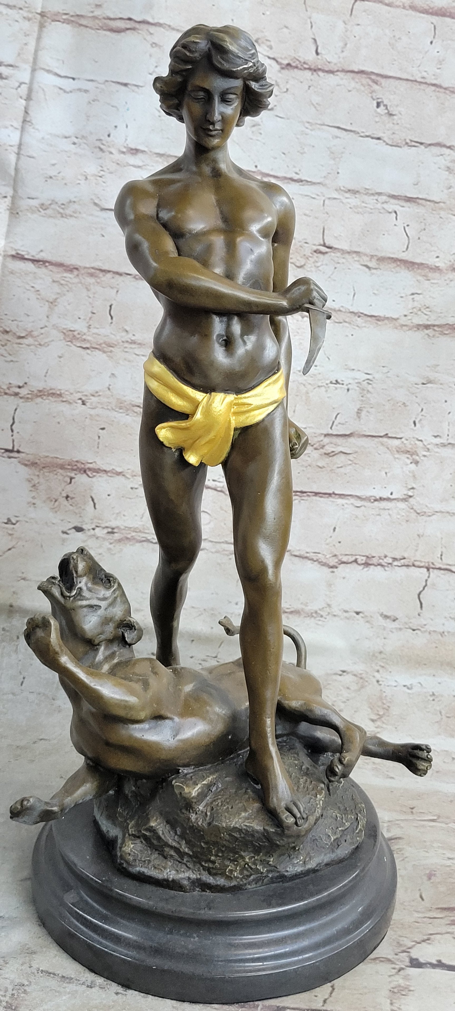 Hot Cast Art Deco Young Boy Killing Cougar with Dagger Bronze