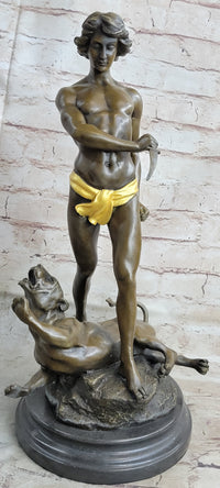 Hot Cast Art Deco Young Boy Killing Cougar with Dagger Bronze