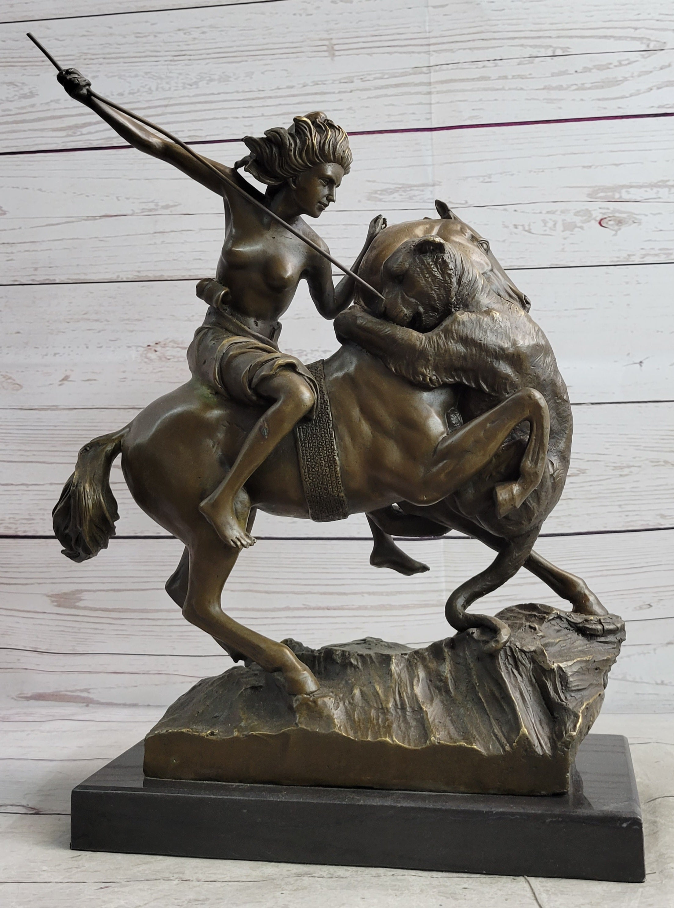 Nude Mounted Amazon Attacked by a Panther by Karl Kiss Bronze Sculpture Statue